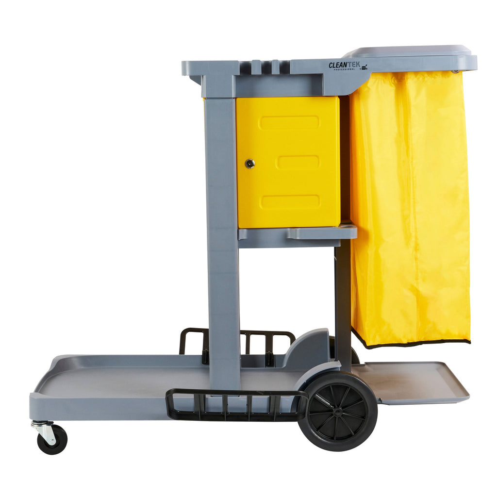 Clean Tek Professional Gray 3-Shelf Janitor Cart - 18 gal Bag, Lid, Locking Cabinet - 44" x 28" x 39" - 1 count box