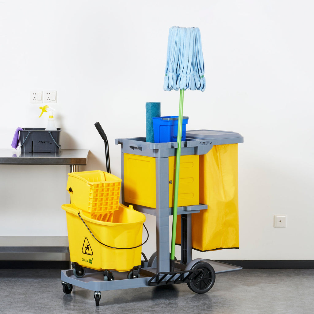 Clean Tek Professional Gray 3-Shelf Janitor Cart - 18 gal Bag, Lid, Locking Cabinet - 44" x 28" x 39" - 1 count box