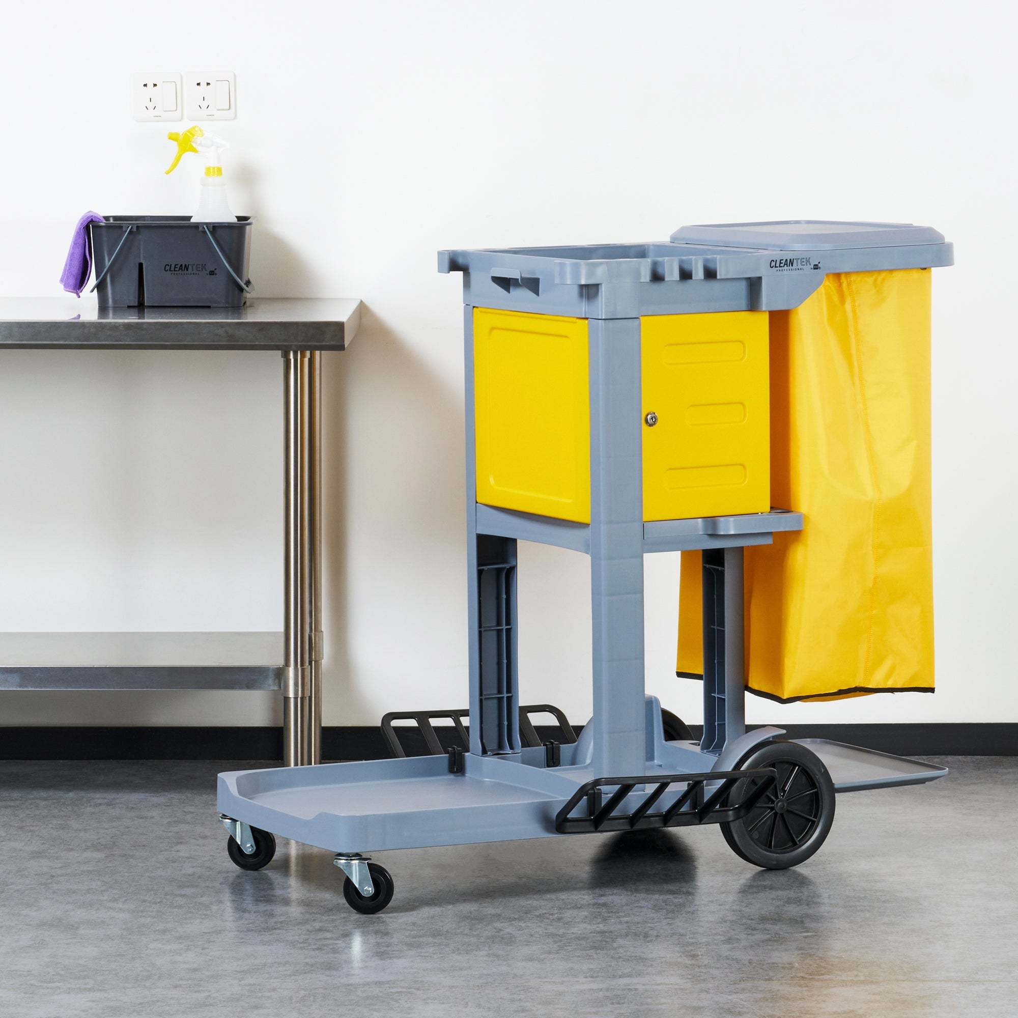 Clean Tek Professional Gray 3-Shelf Janitor Cart - 18 gal Bag, Lid, Locking Cabinet - 44" x 28" x 39" - 1 count box