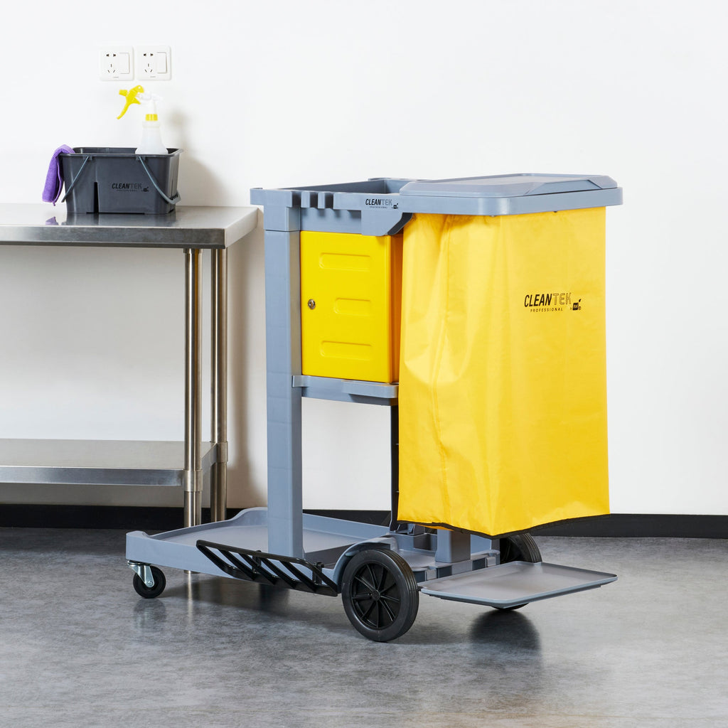 Clean Tek Professional Gray 3-Shelf Janitor Cart - 18 gal Bag, Lid, Locking Cabinet - 44" x 28" x 39" - 1 count box
