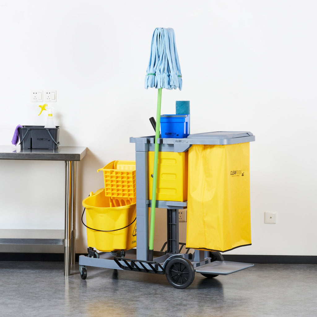 Clean Tek Professional Gray 3-Shelf Janitor Cart - 18 gal Bag, Lid, Locking Cabinet - 44" x 28" x 39" - 1 count box