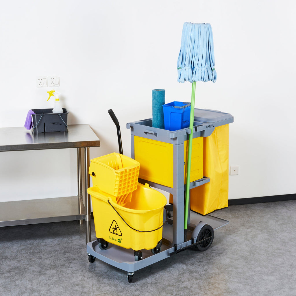 Clean Tek Professional Gray 3-Shelf Janitor Cart - 18 gal Bag, Lid, Locking Cabinet - 44" x 28" x 39" - 1 count box