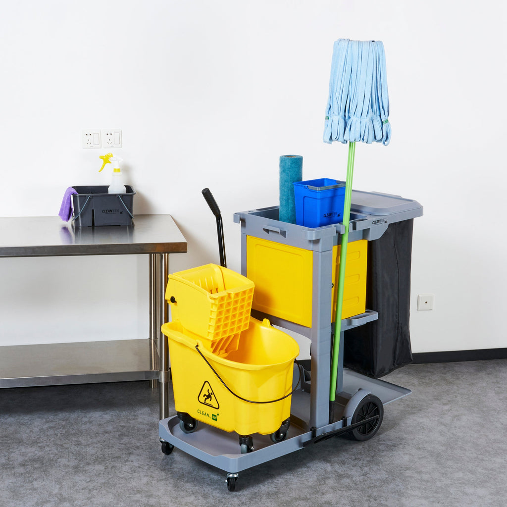 Clean Tek Professional Gray 3-Shelf Janitor Cart - 18 gal Bag, Lid, Locking Cabinet - 44" x 28" x 39" - 1 count box