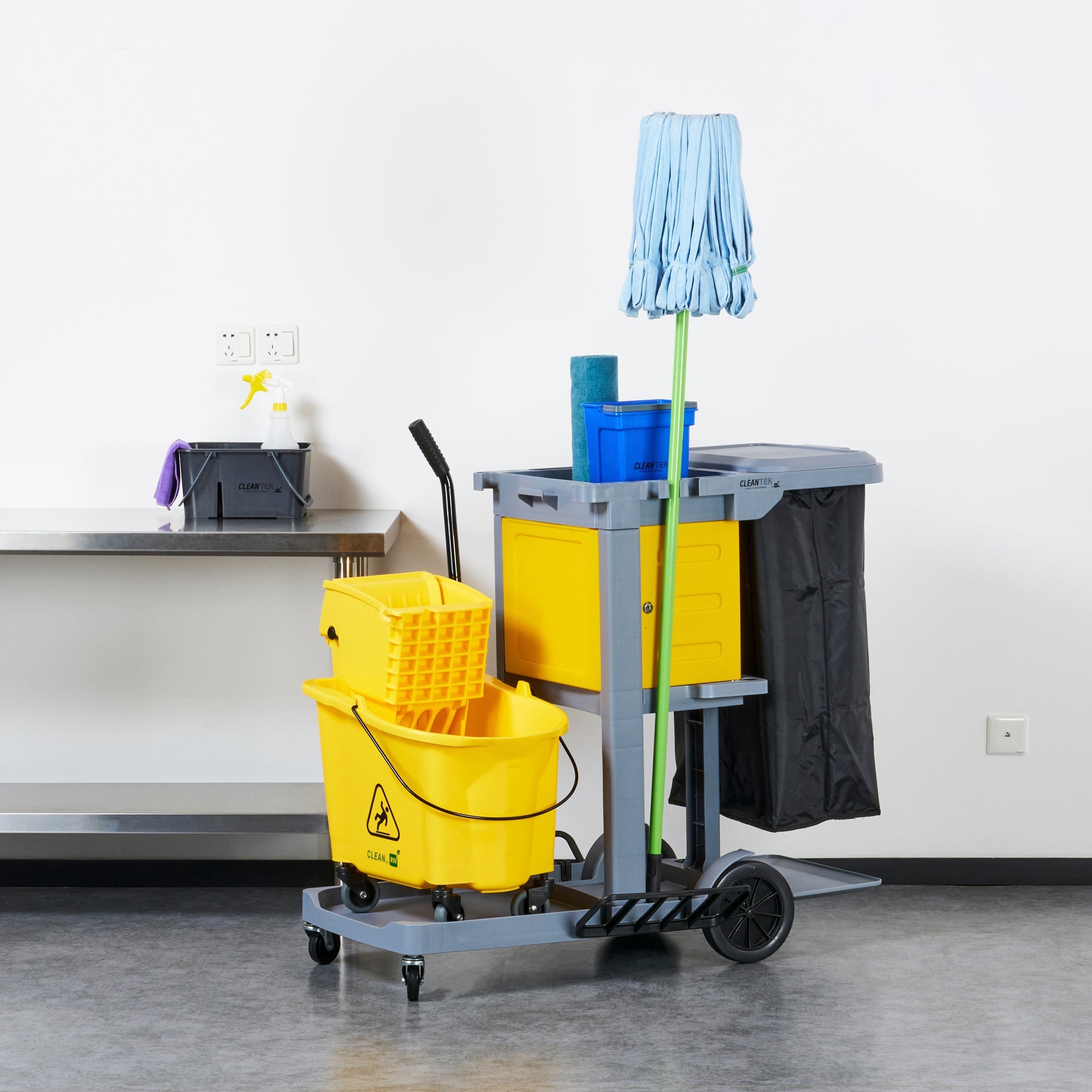 Clean Tek Professional Gray 3-Shelf Janitor Cart - 18 gal Bag, Lid, Locking Cabinet - 44" x 28" x 39" - 1 count box