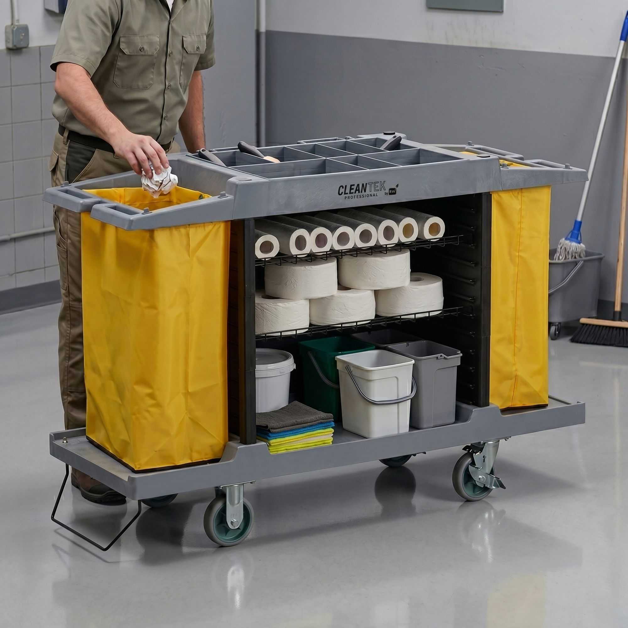 Clean Tek Professional Gray Hotel / Housekeeping Cart - 20 gal Bags, 3 Shelves - 59" x 21 1/4" x 38 3/4" - 1 count box