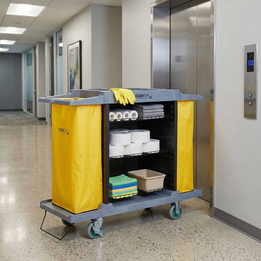 Clean Tek Professional Gray Hotel / Housekeeping Cart - 20 gal Bags, 4 Shelves - 59" x 21 1/4" x 47 1/4" - 1 count box