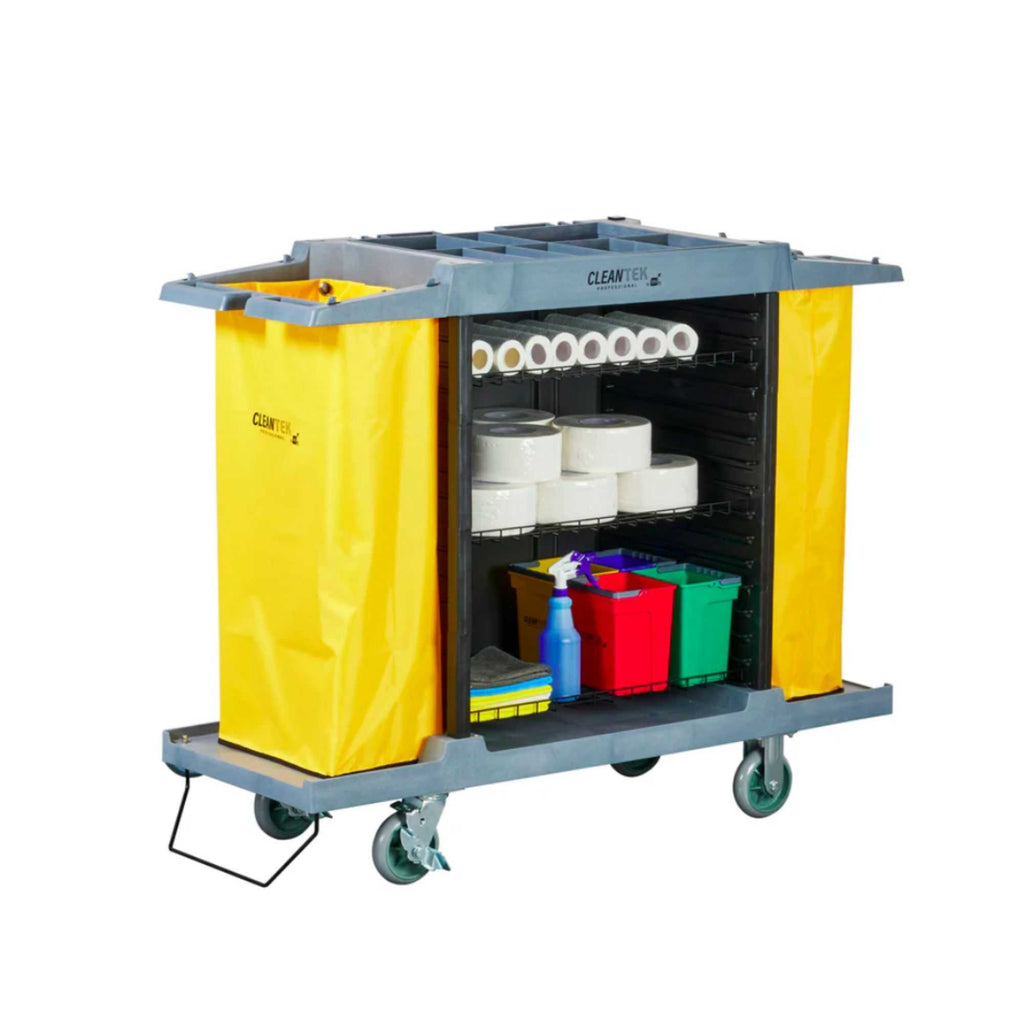 Clean Tek Professional Gray Hotel / Housekeeping Cart - 20 gal Bags, 4 Shelves - 59" x 21 1/4" x 47 1/4" - 1 count box
