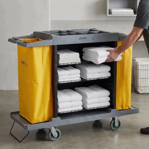 Clean Tek Professional Gray Hotel / Housekeeping Cart - 20 gal Bags, 4 Shelves - 59" x 21 1/4" x 47 1/4" - 1 count box