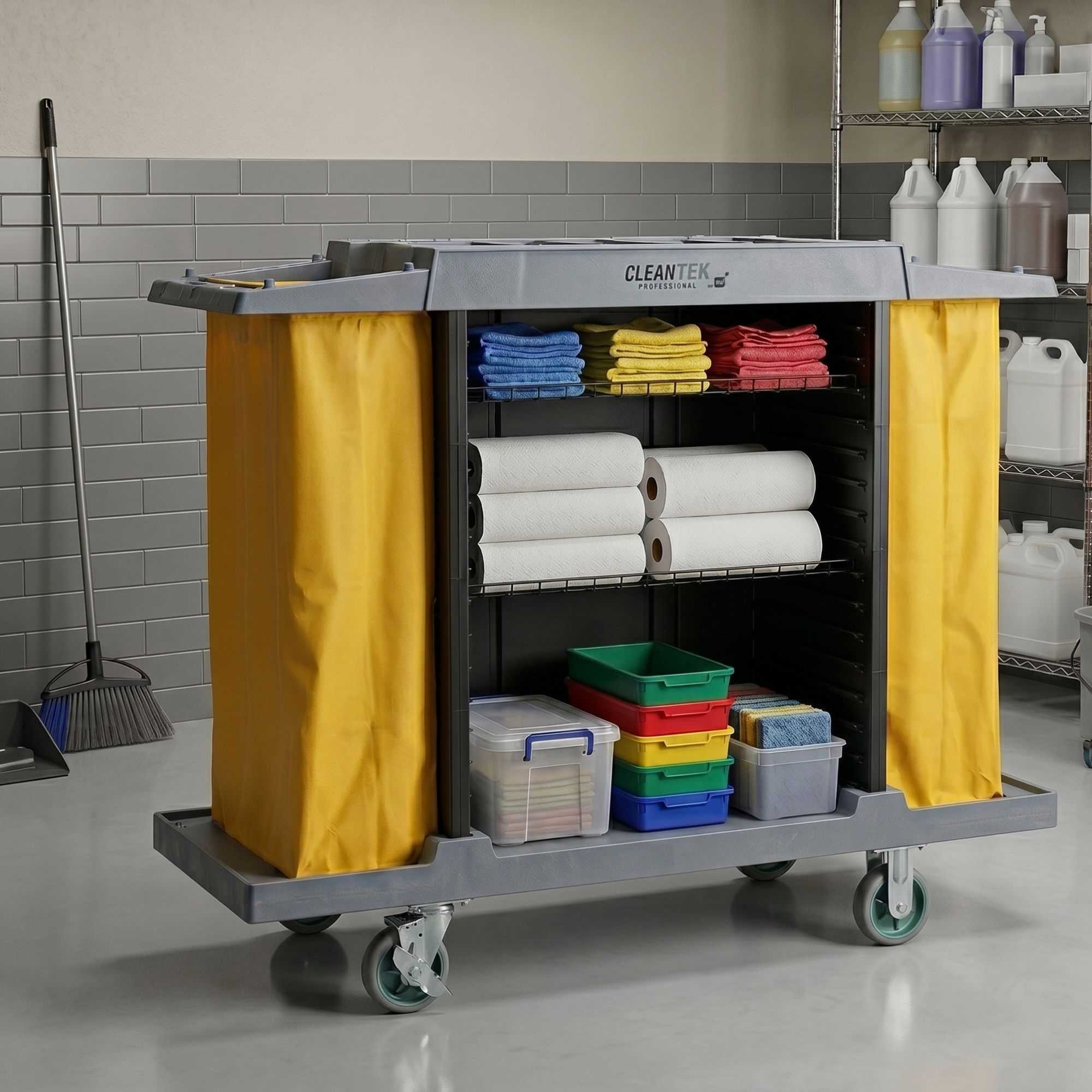 Clean Tek Professional Gray Hotel / Housekeeping Cart - 20 gal Bags, 4 Shelves - 59" x 21 1/4" x 47 1/4" - 1 count box