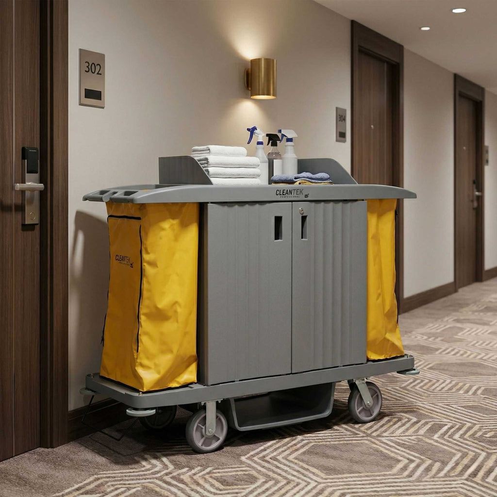 Clean Tek Professional Gray Hotel / Housekeeping Cart - 20 gal Bags, 3 Locking Shelves - 60 3/4" x 21 1/4" x 50 1/2" - 1 count box
