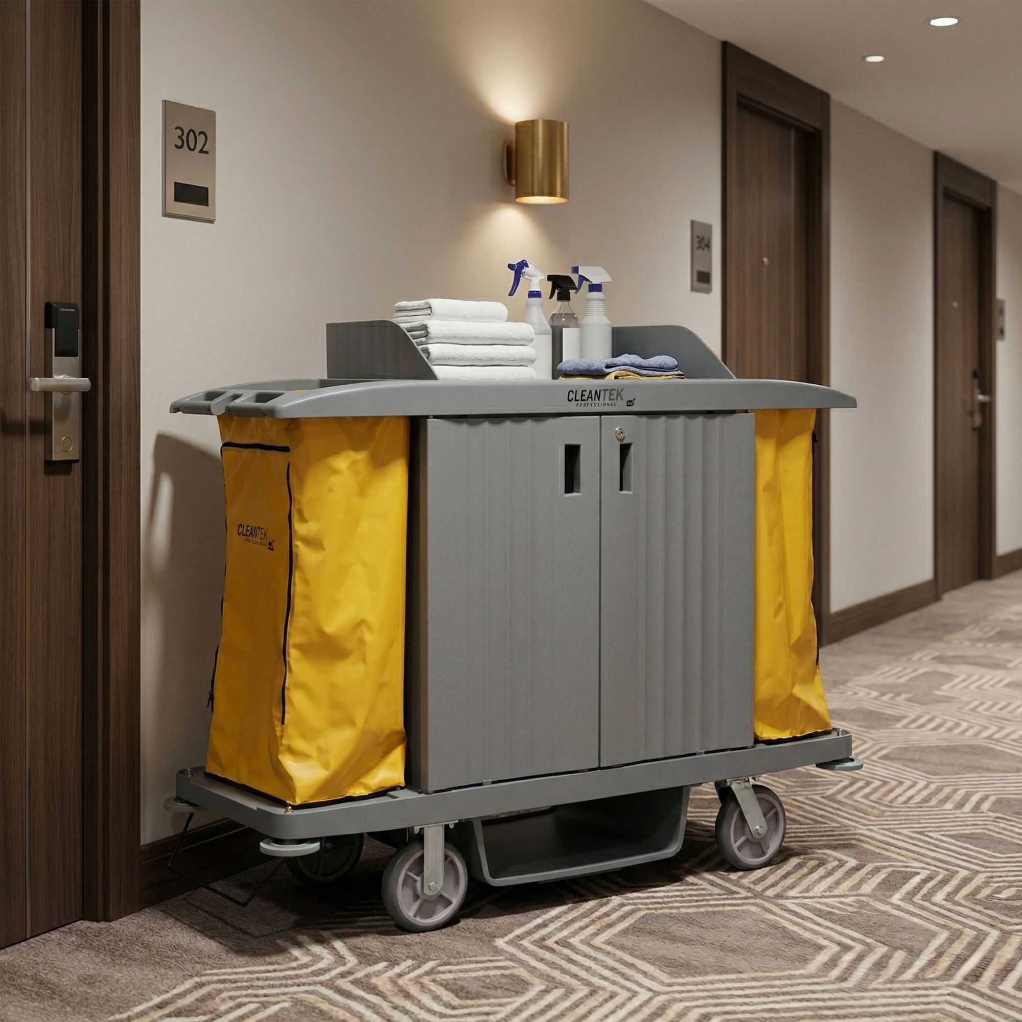 Clean Tek Professional Gray Hotel / Housekeeping Cart - 20 gal Bags, 3 Locking Shelves - 60 3/4" x 21 1/4" x 50 1/2" - 1 count box