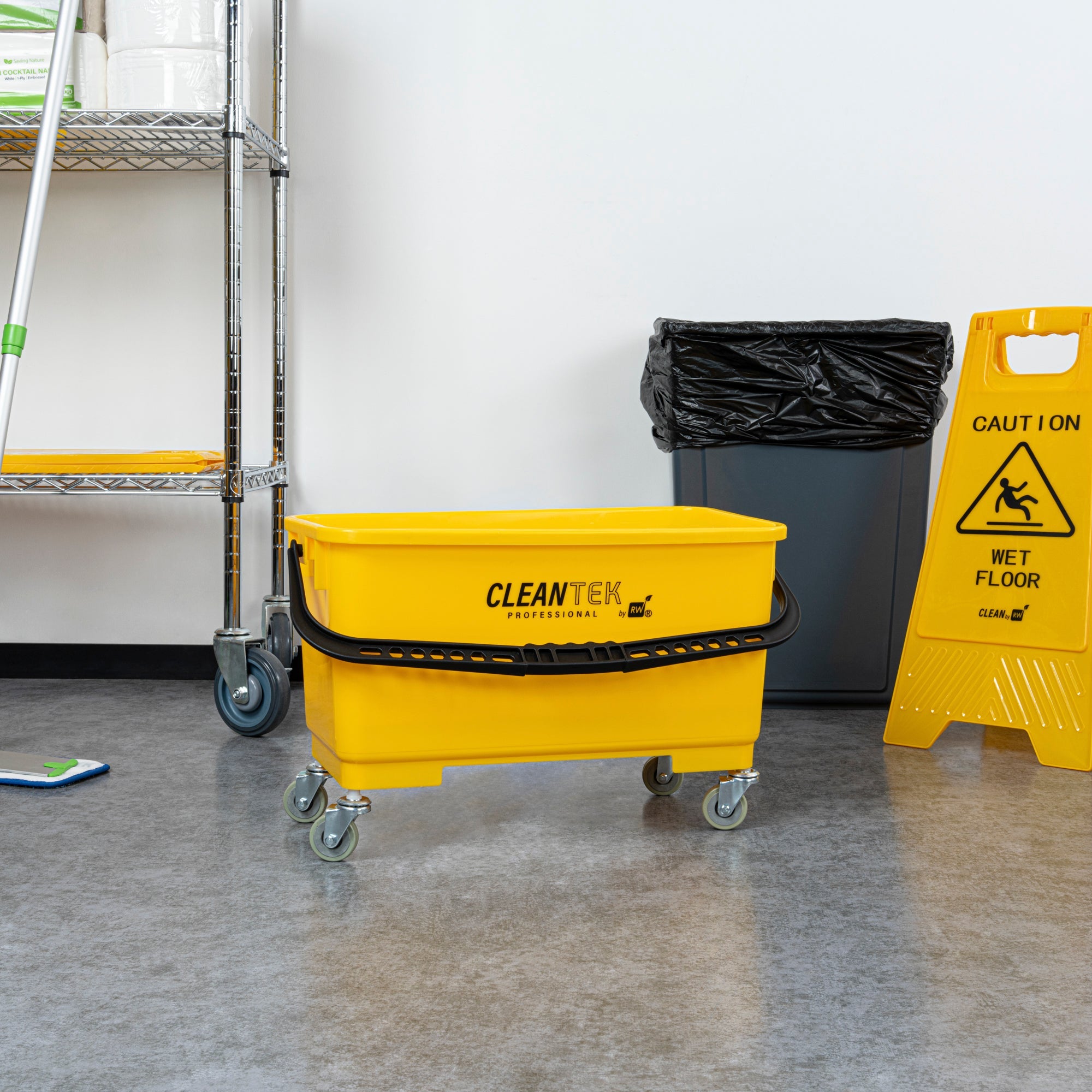 Clean Tek Professional 25 Qt Yellow Bucket - with Wheels, Sieve - 22" x 11 1/2" x 13 1/2" - 1 count box