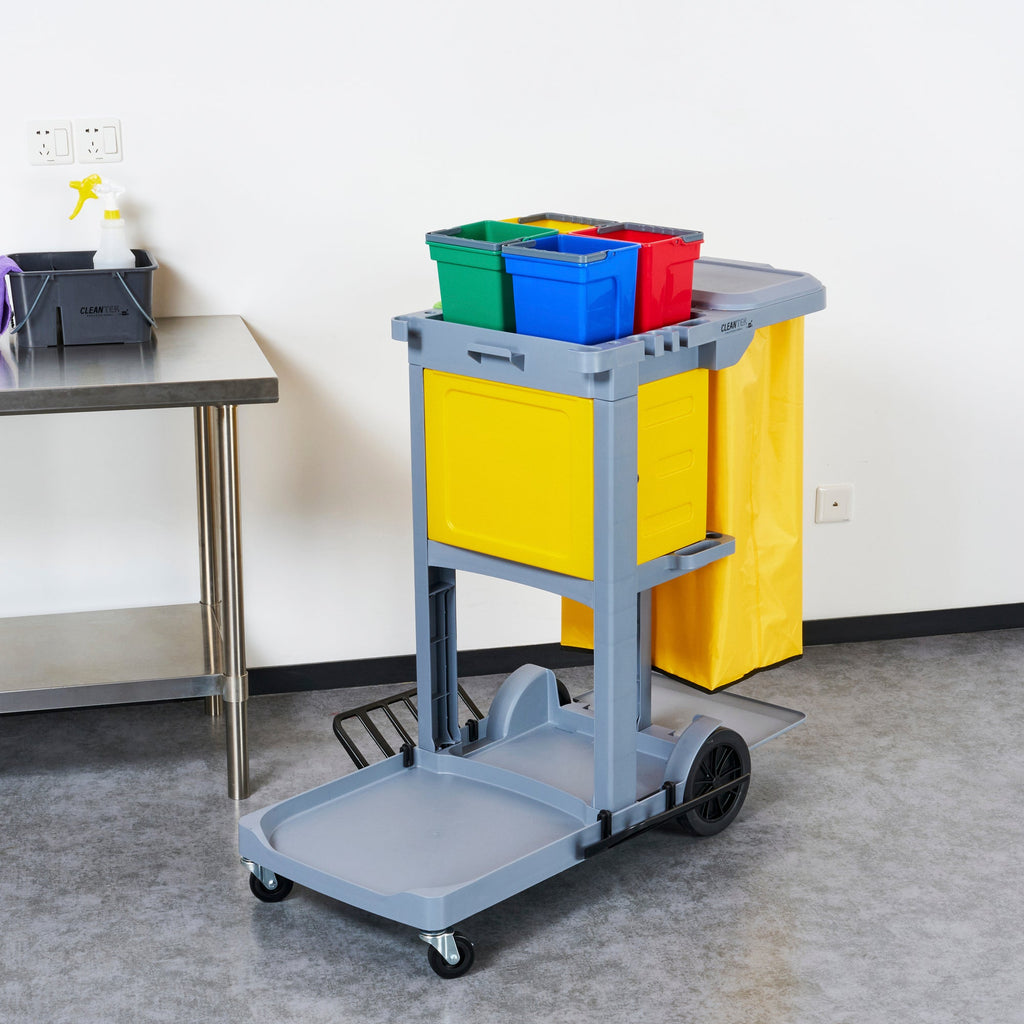 Clean Tek Professional Gray 3-Shelf Janitor Cart - 18 gal Bag, Lid, 4 Buckets and 1 Locking Cabinet - 44" x 28" x 43 1/4" - 1 count box