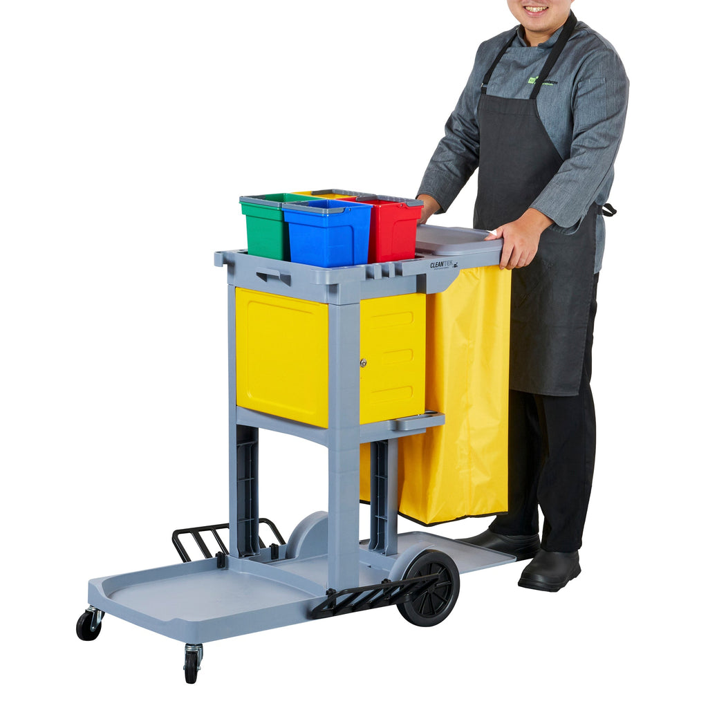 Clean Tek Professional Gray 3-Shelf Janitor Cart - 18 gal Bag, Lid, 4 Buckets and 1 Locking Cabinet - 44" x 28" x 43 1/4" - 1 count box