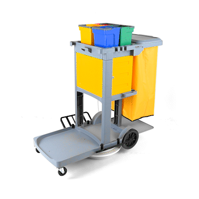 Clean Tek Professional Gray 3-Shelf Janitor Cart - 18 gal Bag, Lid, 4 Buckets and 1 Locking Cabinet - 44" x 28" x 43 1/4" - 1 count box