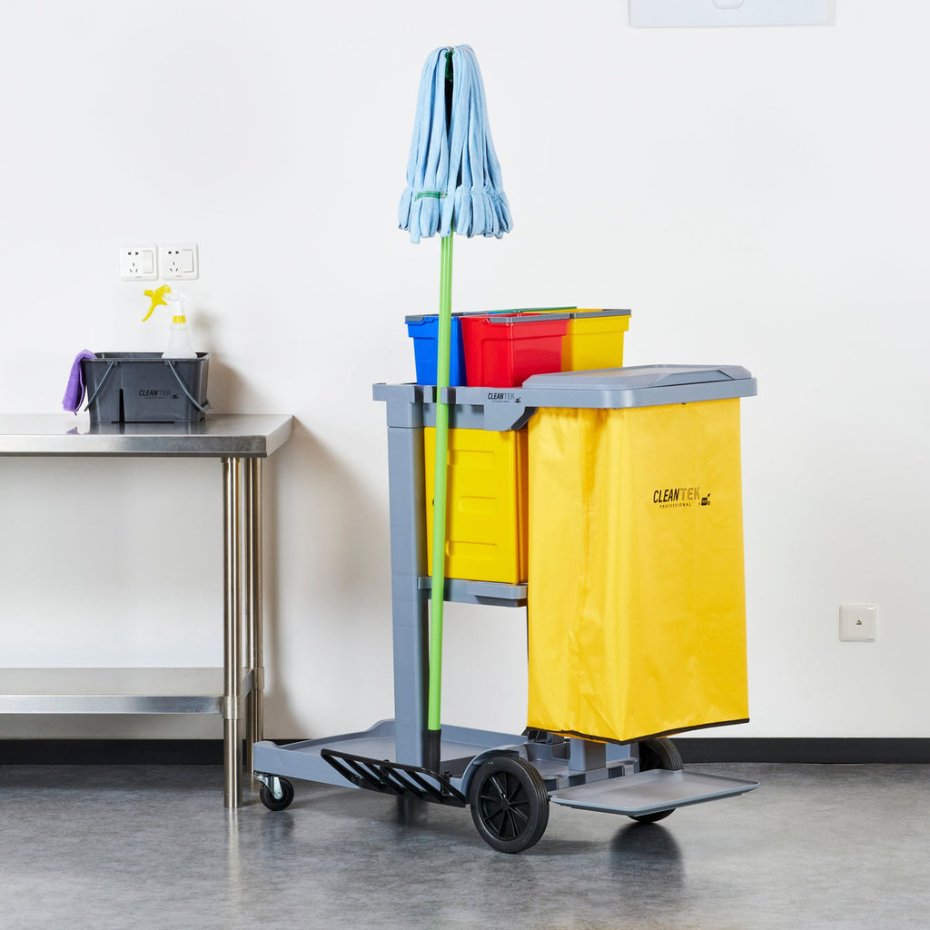 Clean Tek Professional Gray 3-Shelf Janitor Cart - 18 gal Bag, Lid, 4 Buckets and 1 Locking Cabinet - 44" x 28" x 43 1/4" - 1 count box