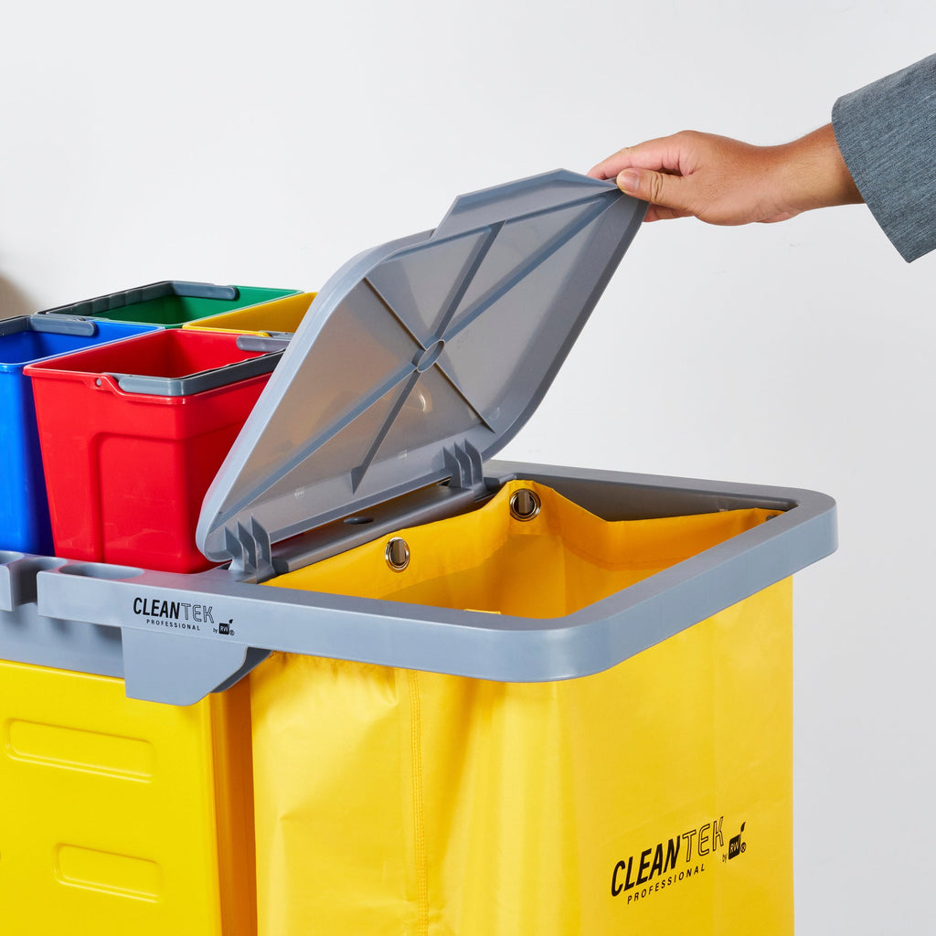 Clean Tek Professional Gray 3-Shelf Janitor Cart - 18 gal Bag, Lid, 4 Buckets and 1 Locking Cabinet - 44" x 28" x 43 1/4" - 1 count box