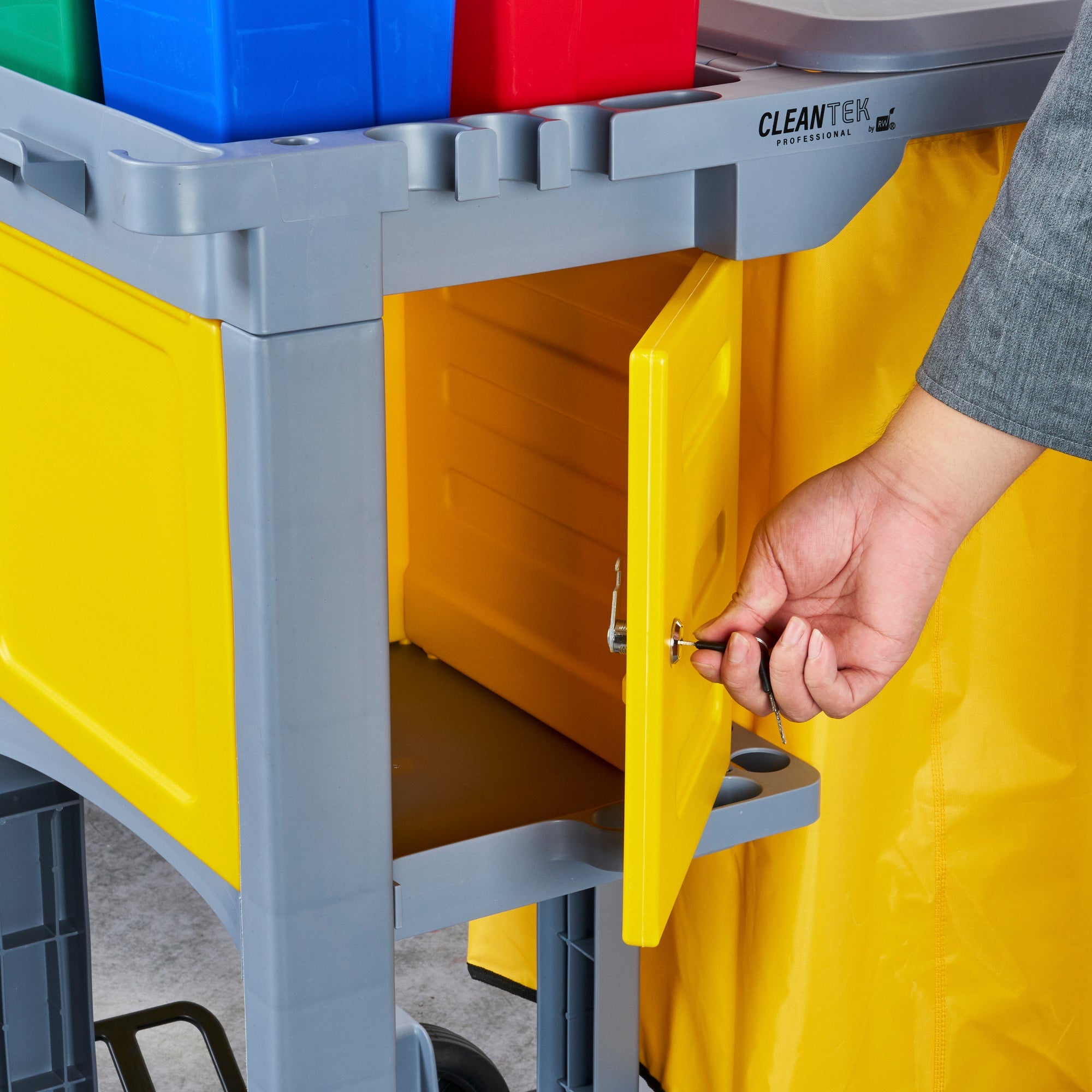 Clean Tek Professional Gray 3-Shelf Janitor Cart - 18 gal Bag, Lid, 4 Buckets and 1 Locking Cabinet - 44" x 28" x 43 1/4" - 1 count box