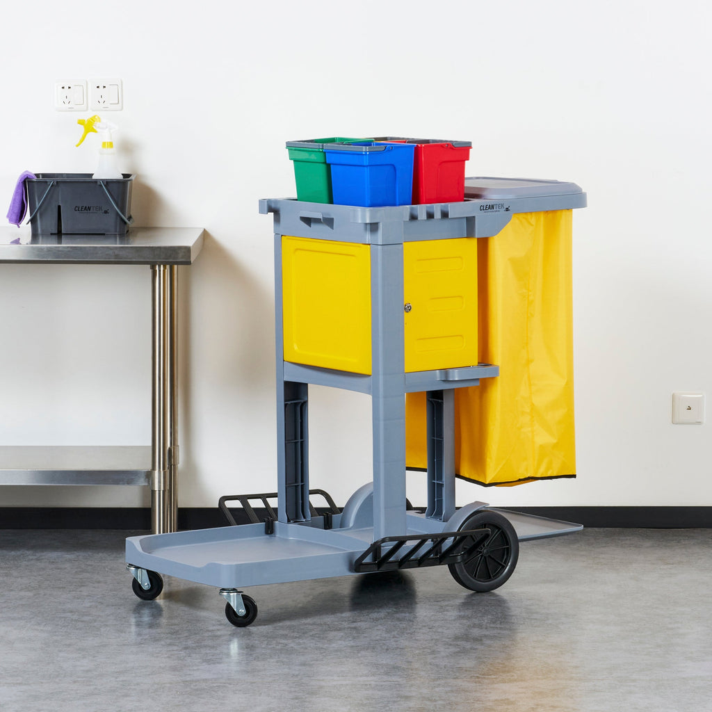 Clean Tek Professional Gray 3-Shelf Janitor Cart - 18 gal Bag, Lid, 4 Buckets and 1 Locking Cabinet - 44" x 28" x 43 1/4" - 1 count box