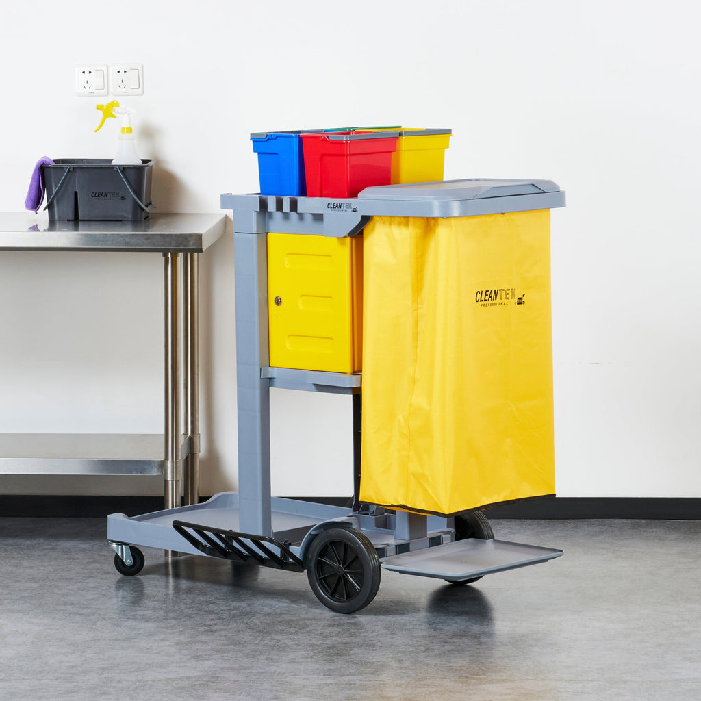 Clean Tek Professional Gray 3-Shelf Janitor Cart - 18 gal Bag, Lid, 4 Buckets and 1 Locking Cabinet - 44" x 28" x 43 1/4" - 1 count box