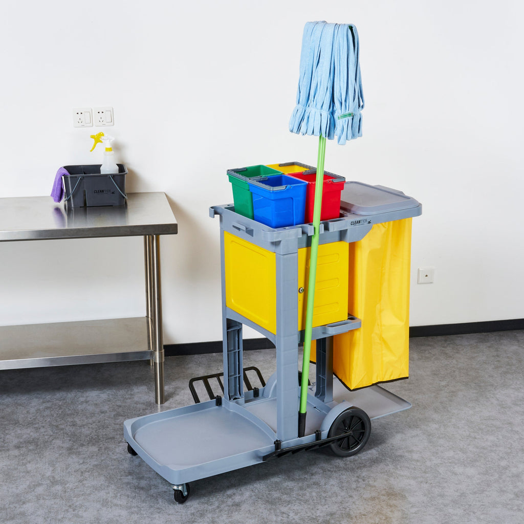 Clean Tek Professional Gray 3-Shelf Janitor Cart - 18 gal Bag, Lid, 4 Buckets and 1 Locking Cabinet - 44" x 28" x 43 1/4" - 1 count box