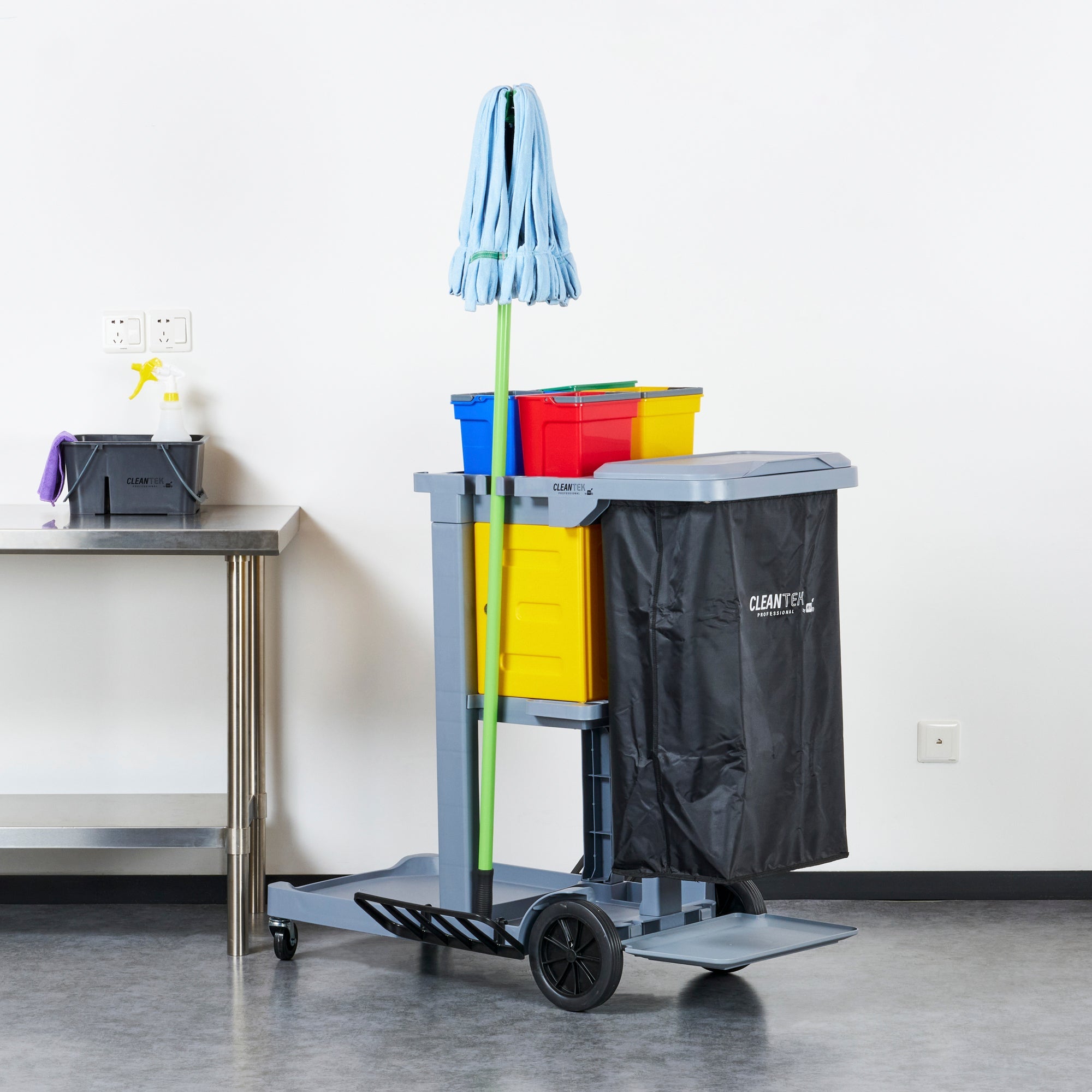 Clean Tek Professional Gray 3-Shelf Janitor Cart - 18 gal Bag, Lid, 4 Buckets and 1 Locking Cabinet - 44" x 28" x 43 1/4" - 1 count box