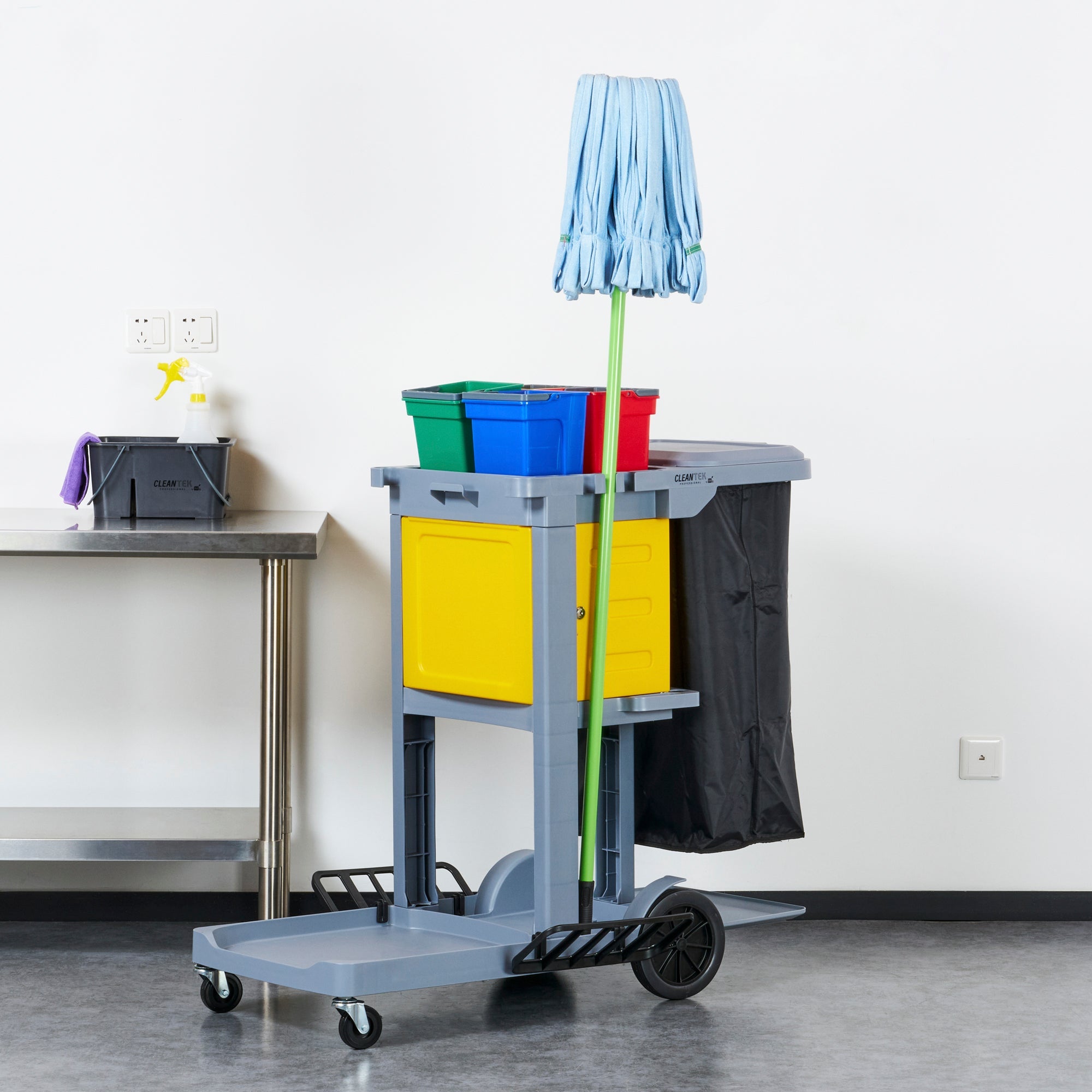 Clean Tek Professional Gray 3-Shelf Janitor Cart - 18 gal Bag, Lid, 4 Buckets and 1 Locking Cabinet - 44" x 28" x 43 1/4" - 1 count box