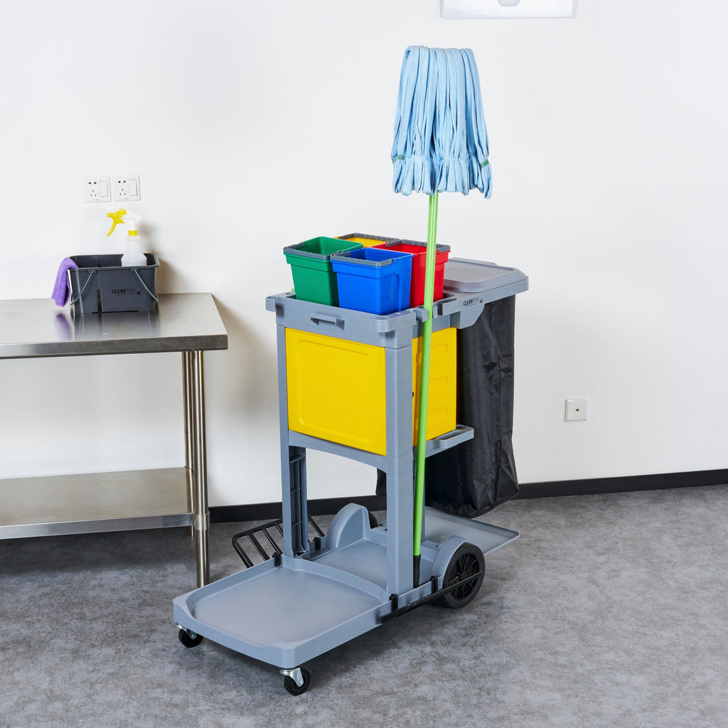 Clean Tek Professional Gray 3-Shelf Janitor Cart - 18 gal Bag, Lid, 4 Buckets and 1 Locking Cabinet - 44" x 28" x 43 1/4" - 1 count box