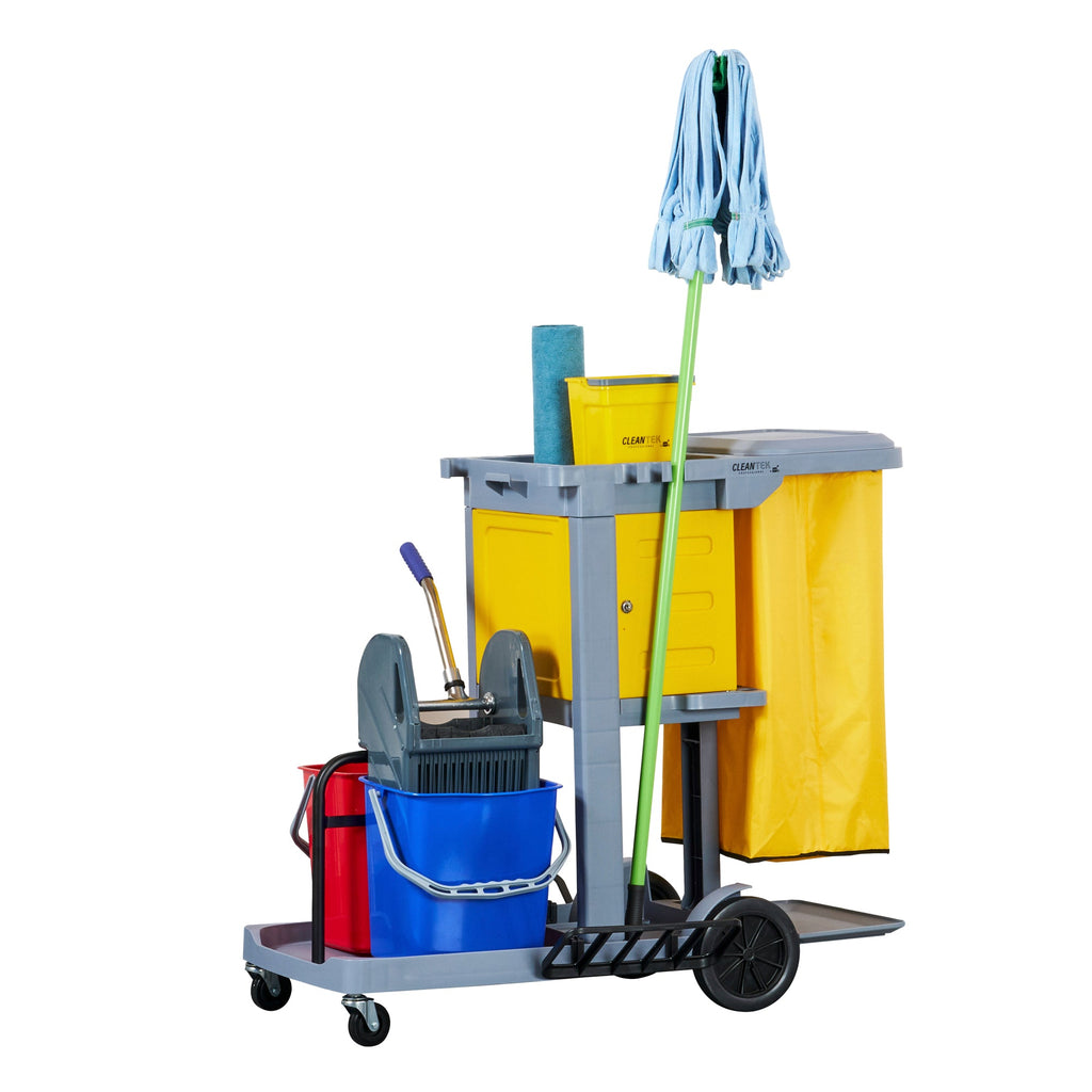 Clean Tek Professional Gray 3-Shelf Janitor Cart - 18 gal Bag, Lid, 2 Buckets, 1 Wringer, 1 Locking Cabinet - 44" x 28" x 39" - 1 count box