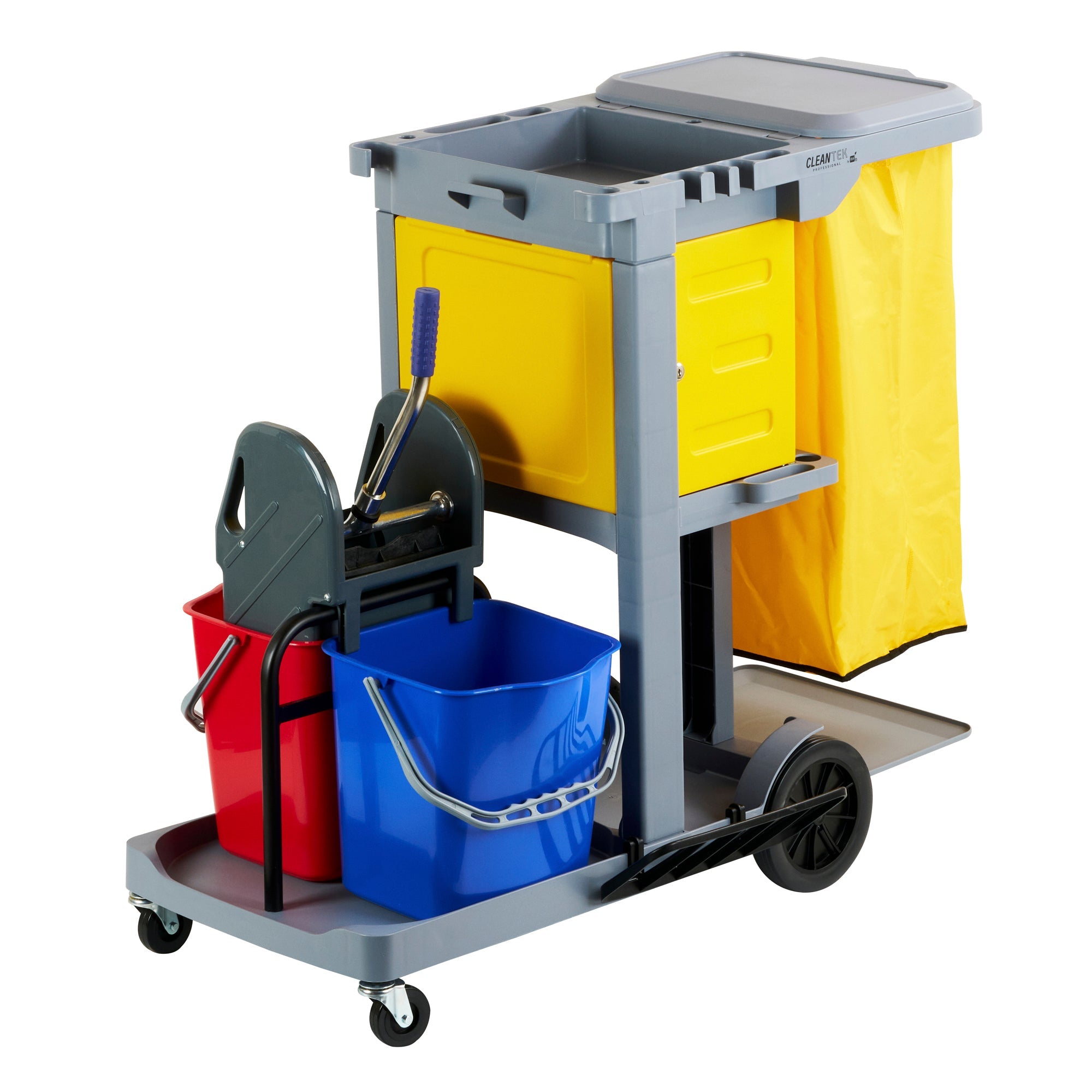 Clean Tek Professional Gray 3-Shelf Janitor Cart - 18 gal Bag, Lid, 2 Buckets, 1 Wringer, 1 Locking Cabinet - 44" x 28" x 39" - 1 count box