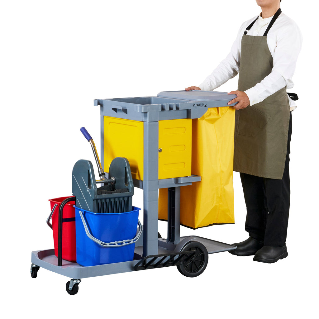Clean Tek Professional Gray 3-Shelf Janitor Cart - 18 gal Bag, Lid, 2 Buckets, 1 Wringer, 1 Locking Cabinet - 44" x 28" x 39" - 1 count box