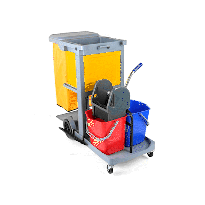 Clean Tek Professional Gray 3-Shelf Janitor Cart - 18 gal Bag, Lid, 2 Buckets, 1 Wringer, 1 Locking Cabinet - 44" x 28" x 39" - 1 count box