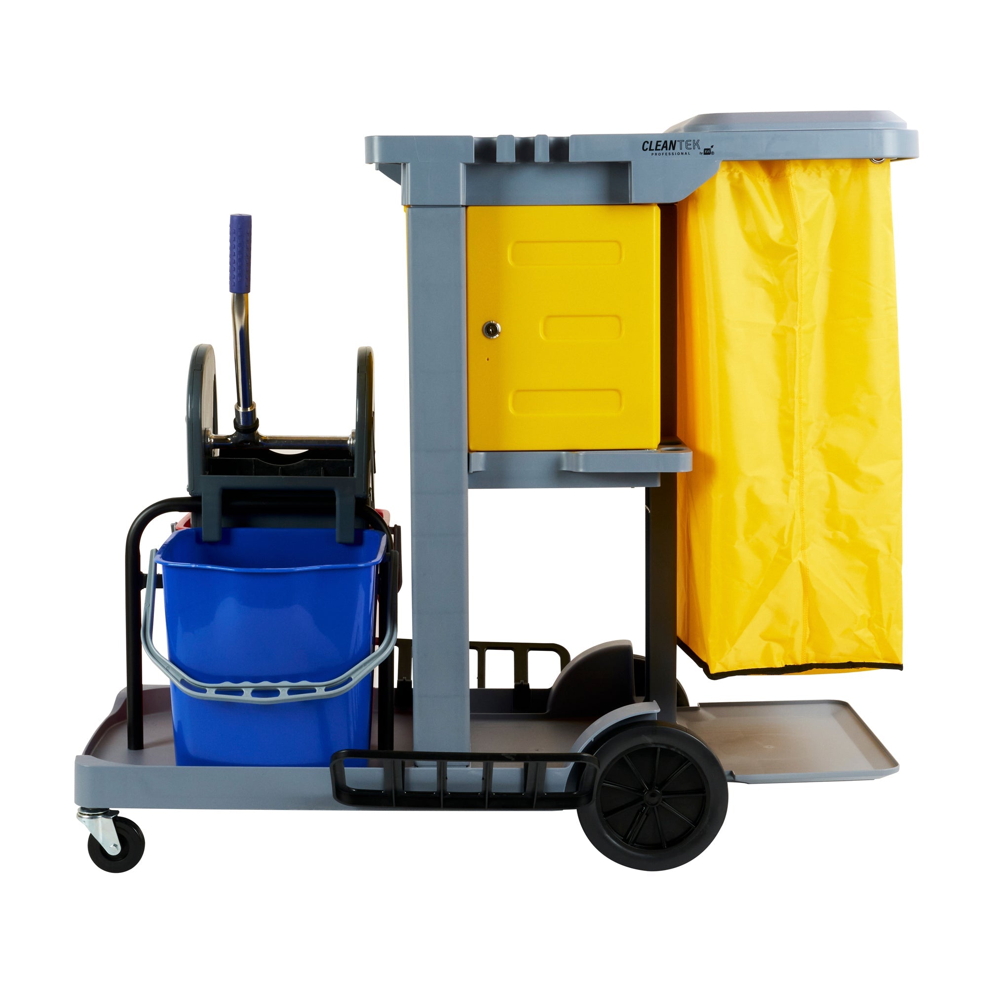 Clean Tek Professional Gray 3-Shelf Janitor Cart - 18 gal Bag, Lid, 2 Buckets, 1 Wringer, 1 Locking Cabinet - 44" x 28" x 39" - 1 count box