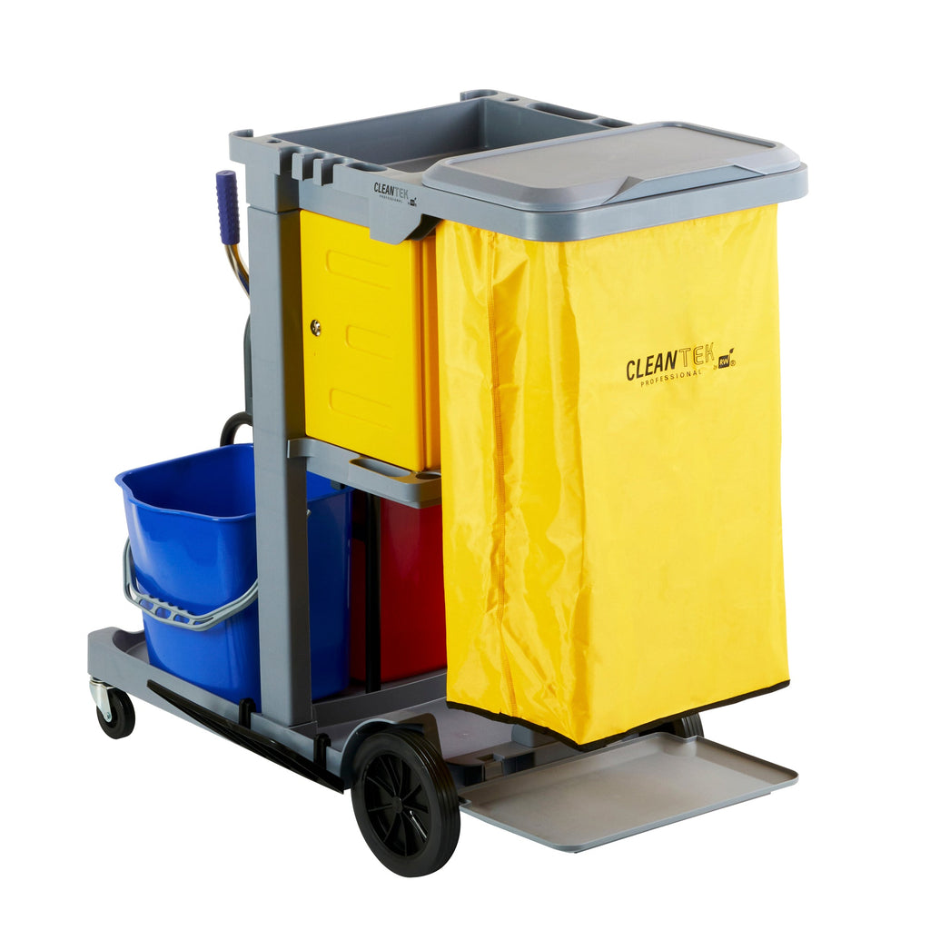 Clean Tek Professional Gray 3-Shelf Janitor Cart - 18 gal Bag, Lid, 2 Buckets, 1 Wringer, 1 Locking Cabinet - 44" x 28" x 39" - 1 count box