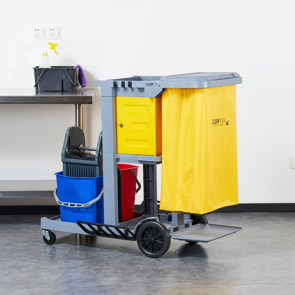 Clean Tek Professional Gray 3-Shelf Janitor Cart - 18 gal Bag, Lid, 2 Buckets, 1 Wringer, 1 Locking Cabinet - 44" x 28" x 39" - 1 count box