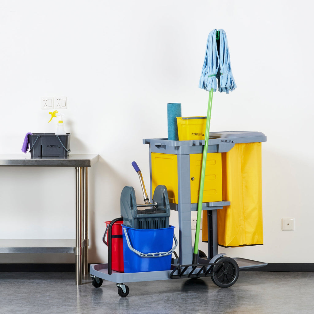 Clean Tek Professional Gray 3-Shelf Janitor Cart - 18 gal Bag, Lid, 2 Buckets, 1 Wringer, 1 Locking Cabinet - 44" x 28" x 39" - 1 count box