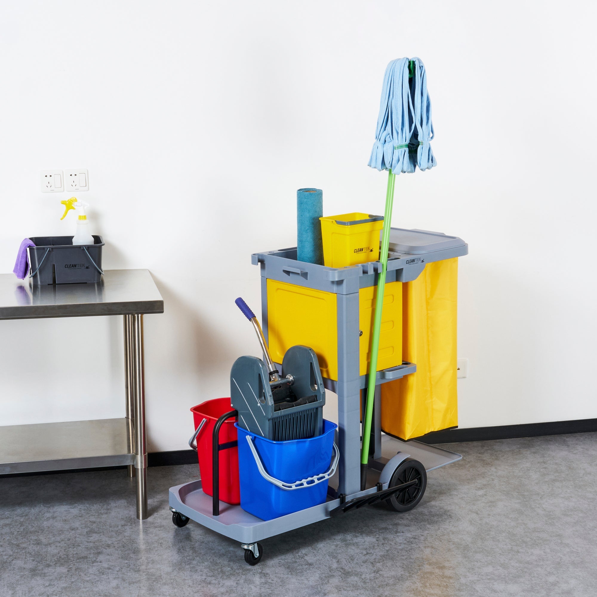 Clean Tek Professional Gray 3-Shelf Janitor Cart - 18 gal Bag, Lid, 2 Buckets, 1 Wringer, 1 Locking Cabinet - 44" x 28" x 39" - 1 count box