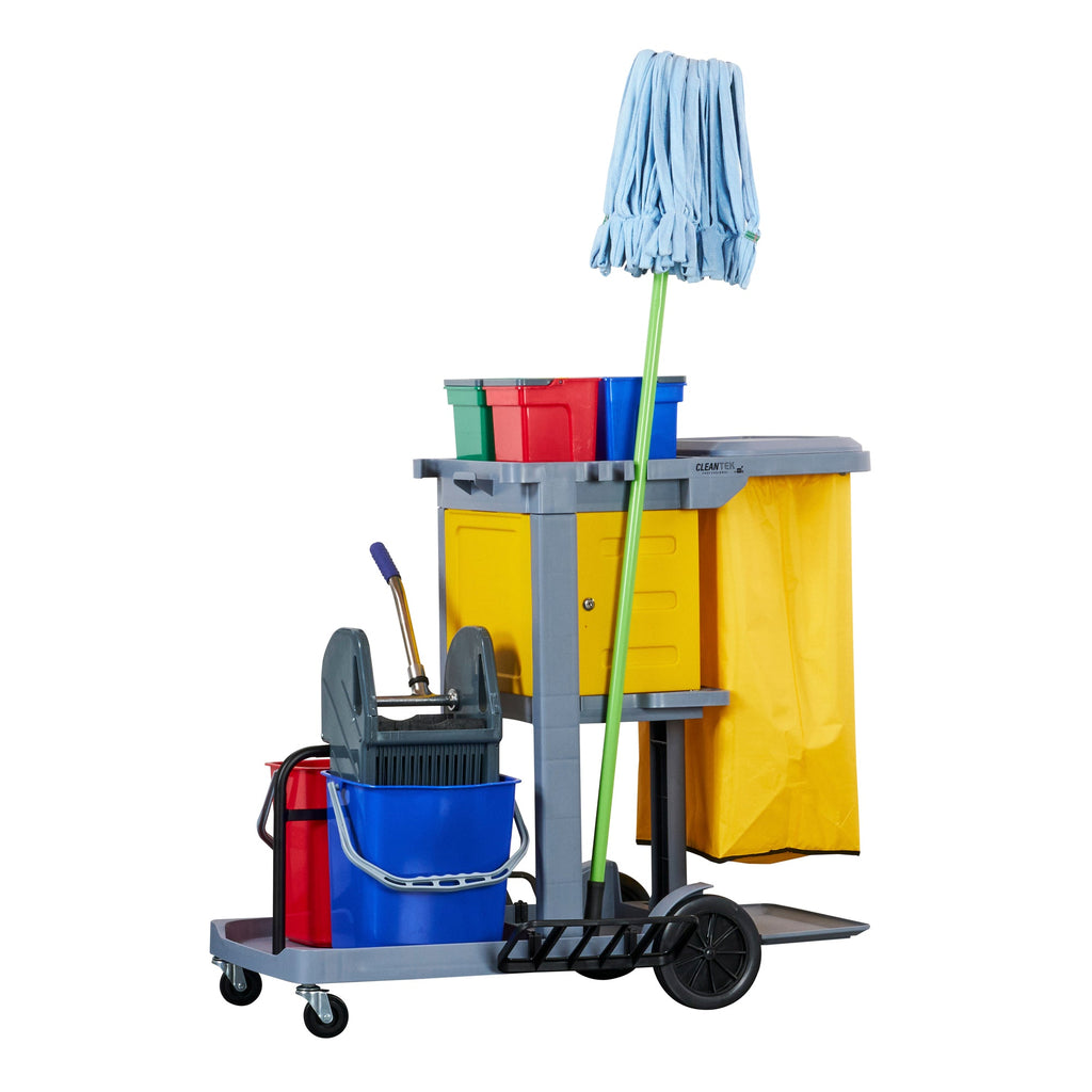 Clean Tek Professional Gray 3-Shelf Janitor Cart - 18 gal Bag,Lid, 6 Buckets,1 Wringer,1 Locking Cabinet - 44" x 28" x 43 1/4" - 1 count box