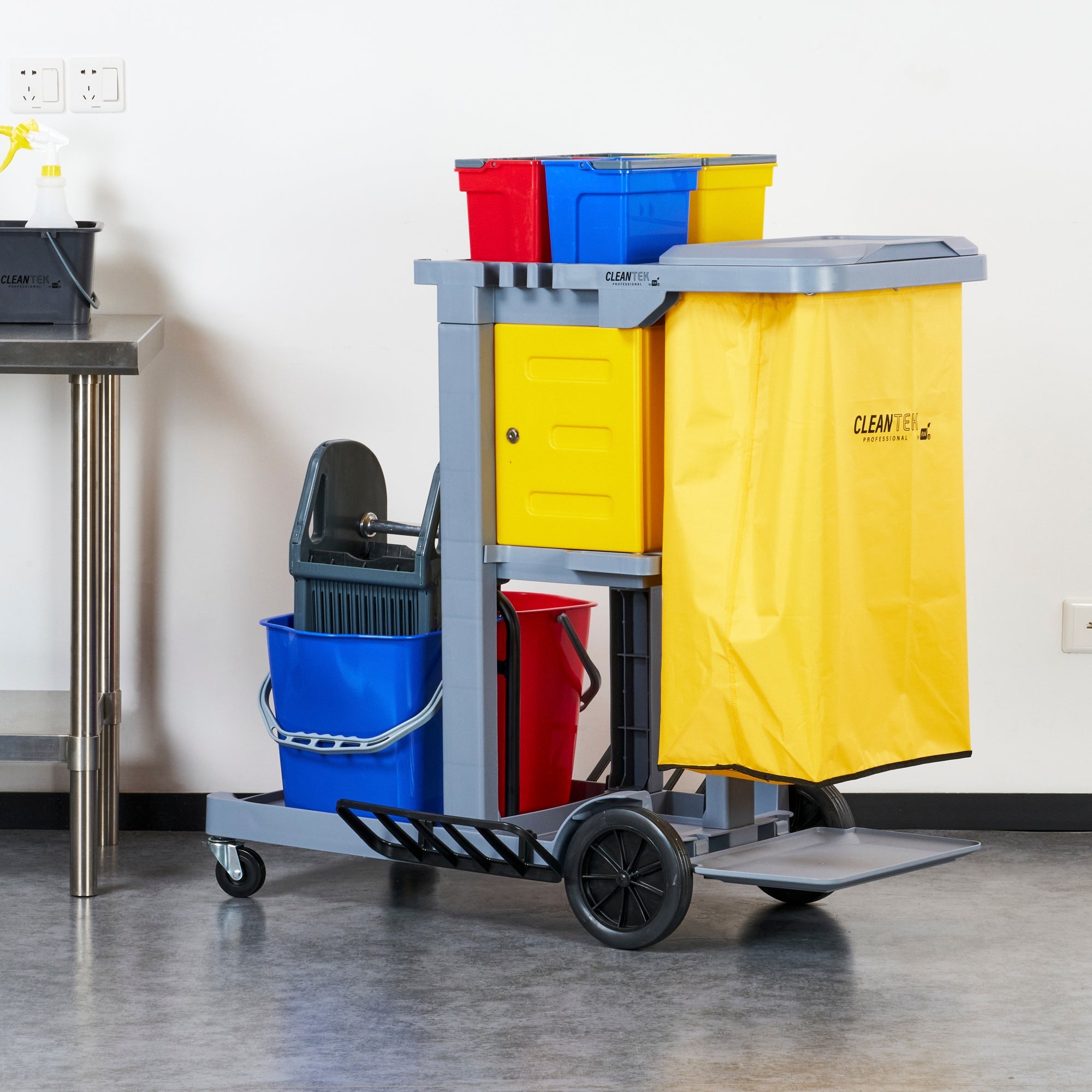 Clean Tek Professional Gray 3-Shelf Janitor Cart - 18 gal Bag,Lid, 6 Buckets,1 Wringer,1 Locking Cabinet - 44" x 28" x 43 1/4" - 1 count box