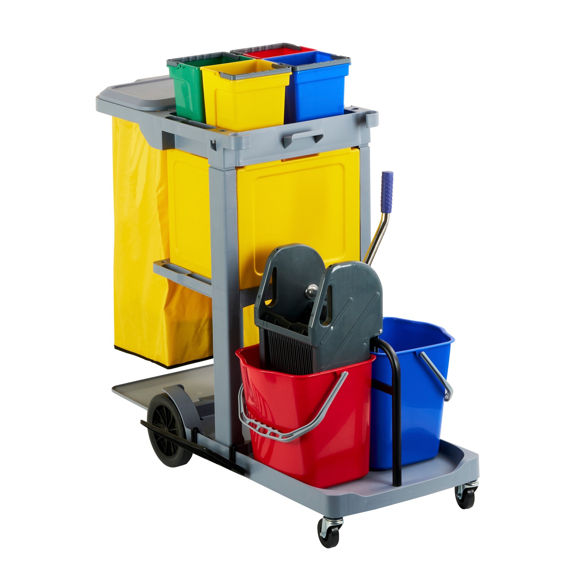 Clean Tek Professional Gray 3-Shelf Janitor Cart - 18 gal Bag,Lid, 6 Buckets,1 Wringer,1 Locking Cabinet - 44" x 28" x 43 1/4" - 1 count box