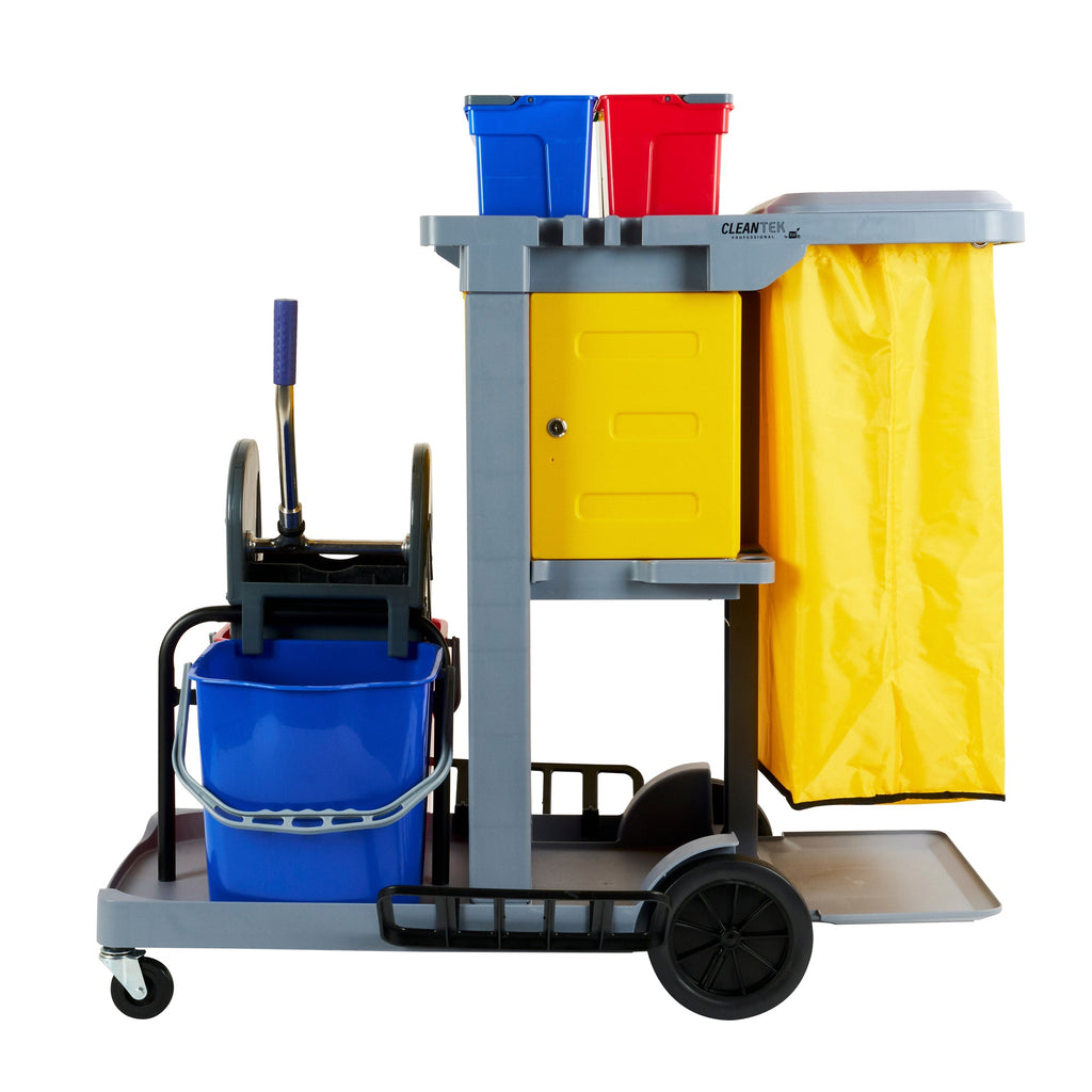 Clean Tek Professional Gray 3-Shelf Janitor Cart - 18 gal Bag,Lid, 6 Buckets,1 Wringer,1 Locking Cabinet - 44" x 28" x 43 1/4" - 1 count box