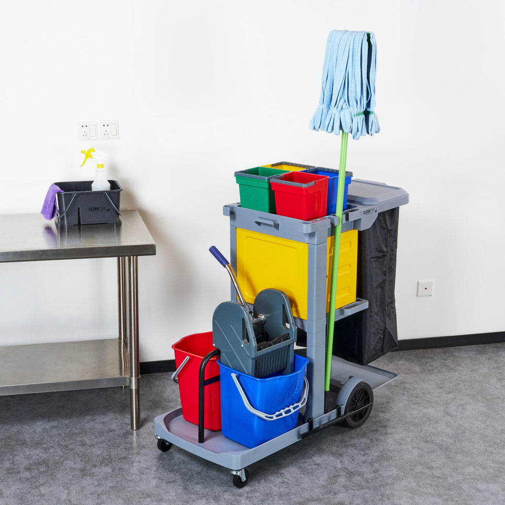 Clean Tek Professional Gray 3-Shelf Janitor Cart - 18 gal Bag,Lid, 6 Buckets,1 Wringer,1 Locking Cabinet - 44" x 28" x 43 1/4" - 1 count box