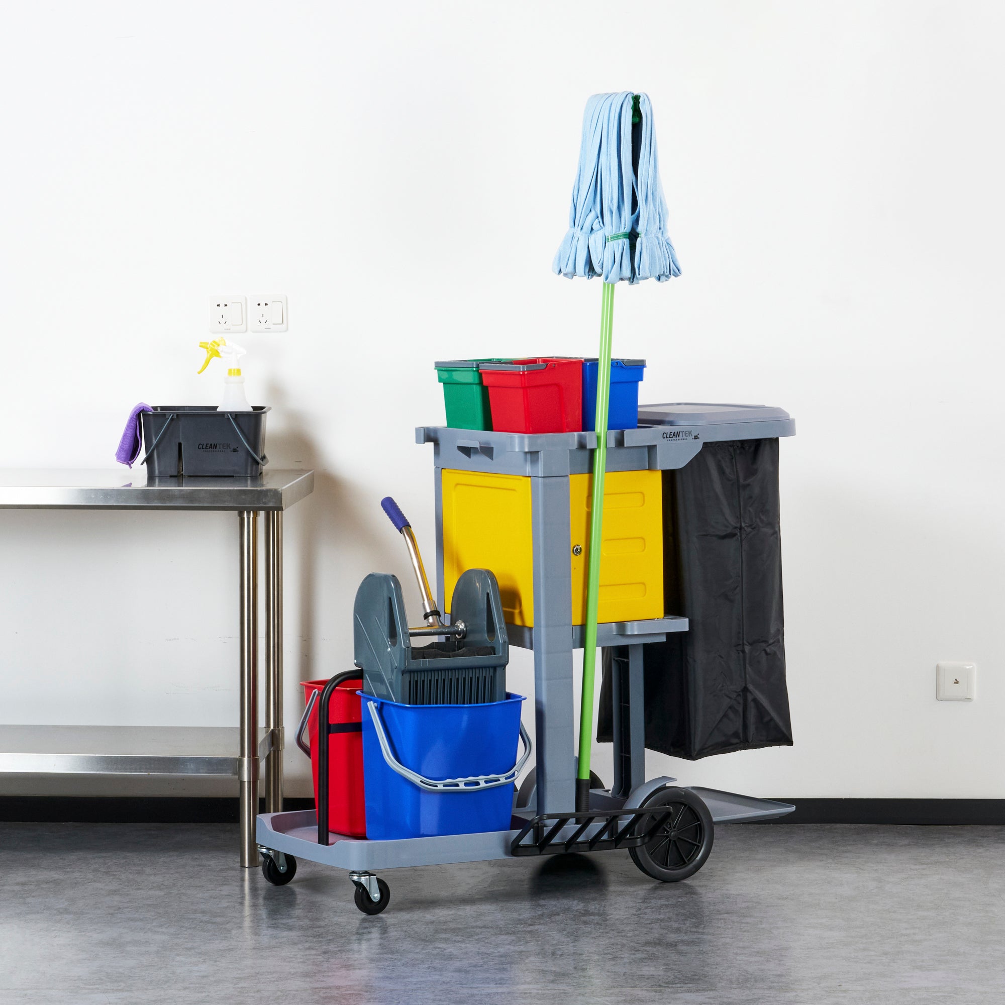 Clean Tek Professional Gray 3-Shelf Janitor Cart - 18 gal Bag,Lid, 6 Buckets,1 Wringer,1 Locking Cabinet - 44" x 28" x 43 1/4" - 1 count box