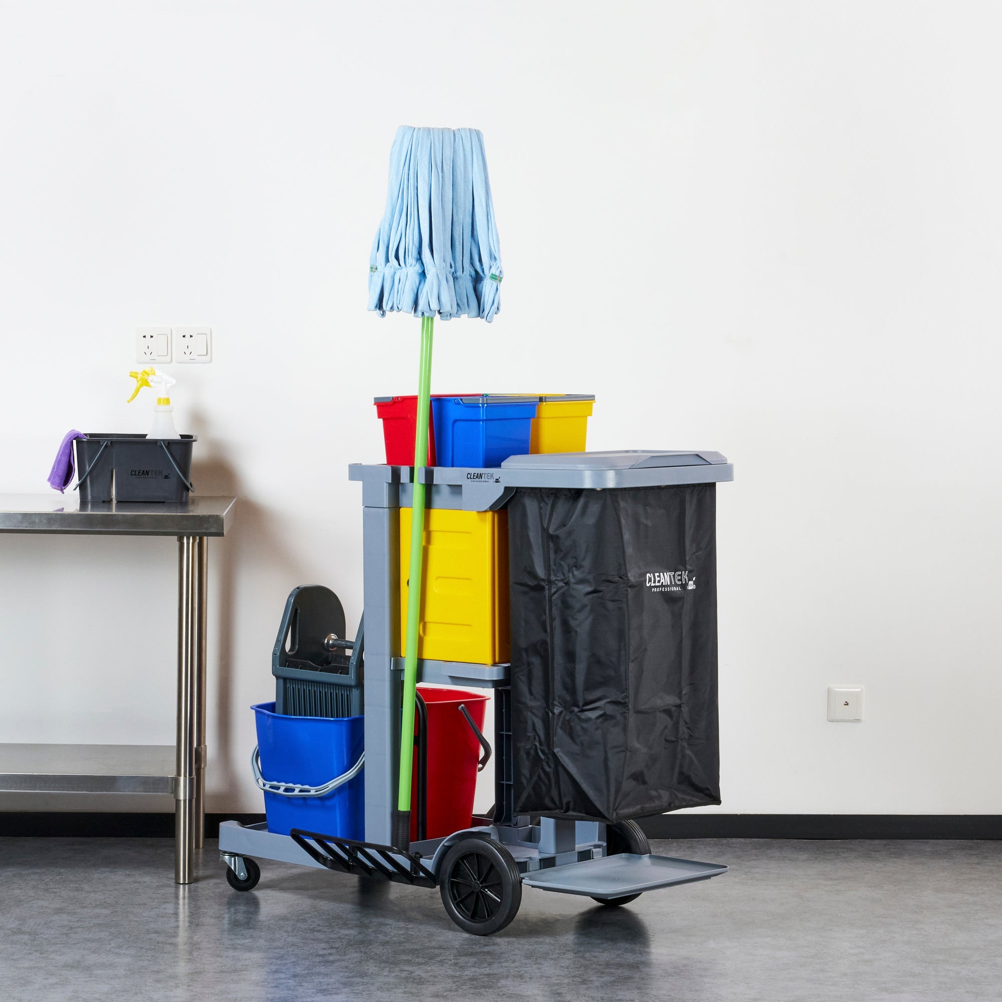 Clean Tek Professional Gray 3-Shelf Janitor Cart - 18 gal Bag,Lid, 6 Buckets,1 Wringer,1 Locking Cabinet - 44" x 28" x 43 1/4" - 1 count box