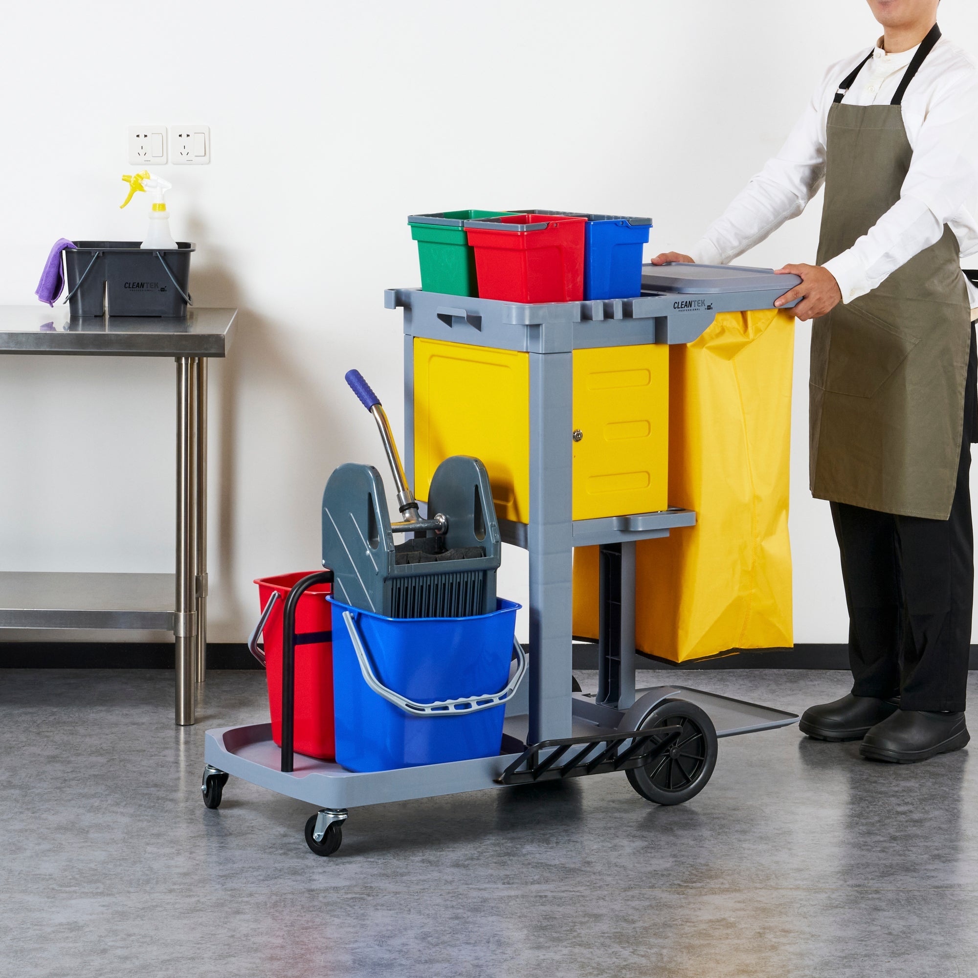 Clean Tek Professional Gray 3-Shelf Janitor Cart - 18 gal Bag,Lid, 6 Buckets,1 Wringer,1 Locking Cabinet - 44" x 28" x 43 1/4" - 1 count box