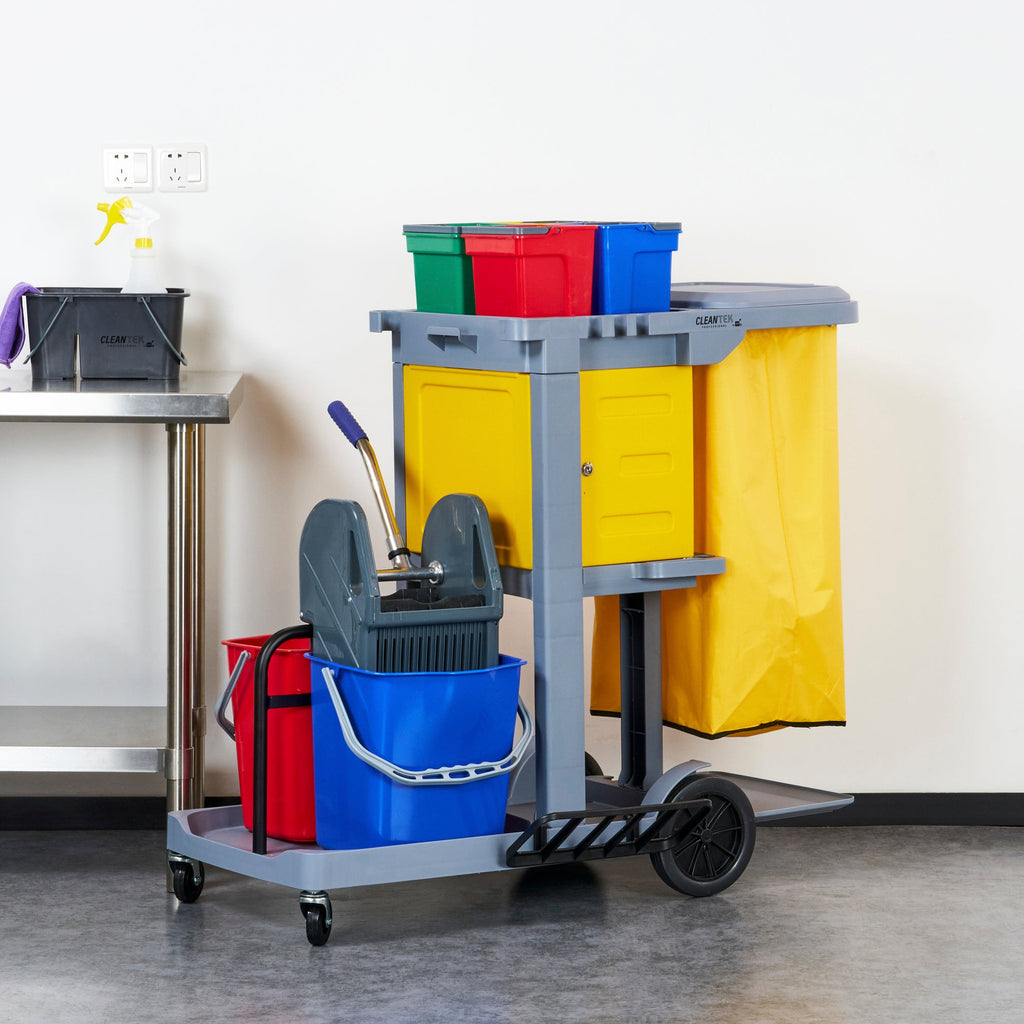 Clean Tek Professional Gray 3-Shelf Janitor Cart - 18 gal Bag,Lid, 6 Buckets,1 Wringer,1 Locking Cabinet - 44" x 28" x 43 1/4" - 1 count box