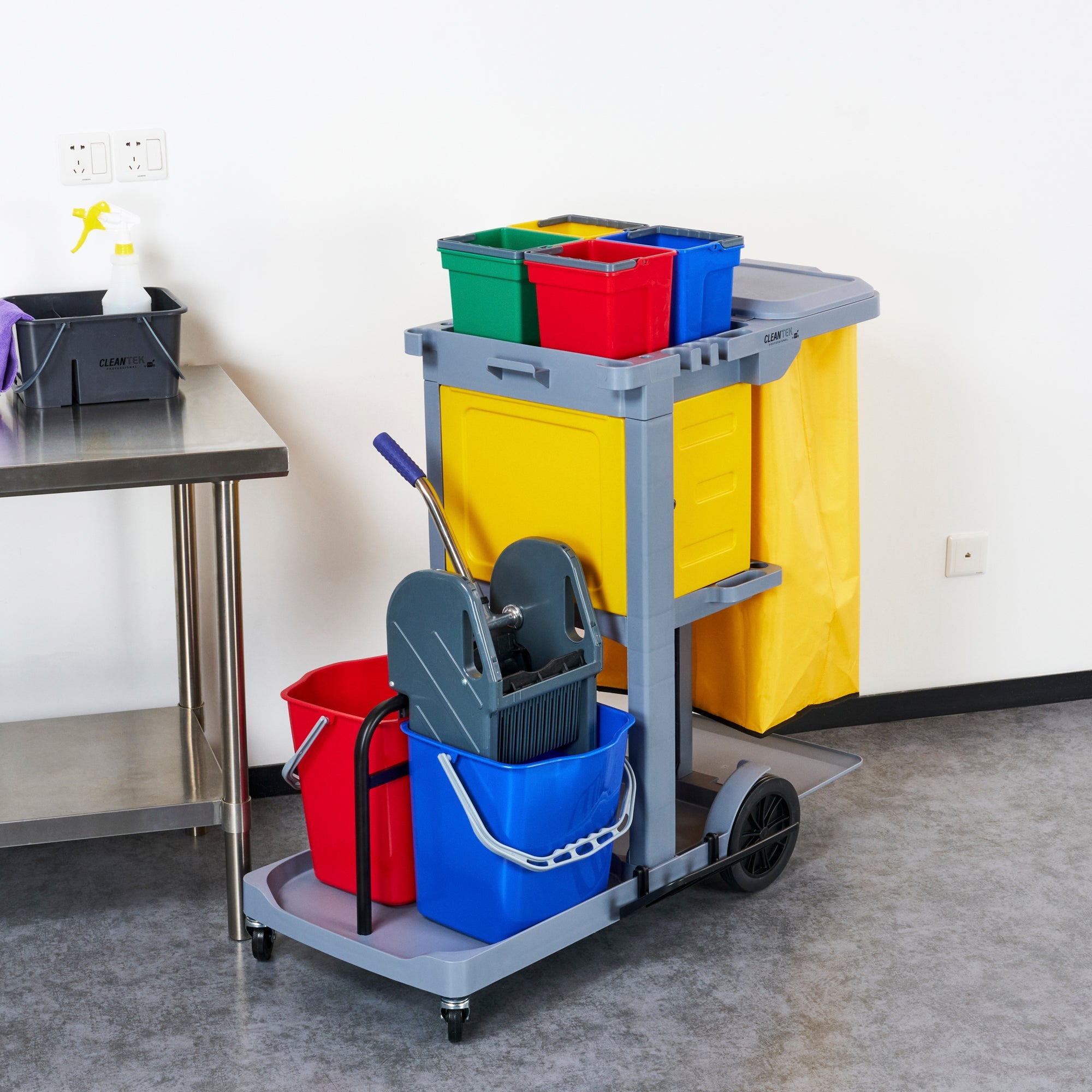 Clean Tek Professional Gray 3-Shelf Janitor Cart - 18 gal Bag,Lid, 6 Buckets,1 Wringer,1 Locking Cabinet - 44" x 28" x 43 1/4" - 1 count box