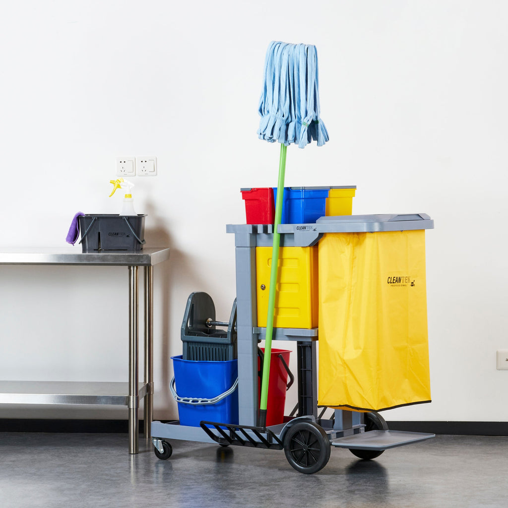 Clean Tek Professional Gray 3-Shelf Janitor Cart - 18 gal Bag,Lid, 6 Buckets,1 Wringer,1 Locking Cabinet - 44" x 28" x 43 1/4" - 1 count box
