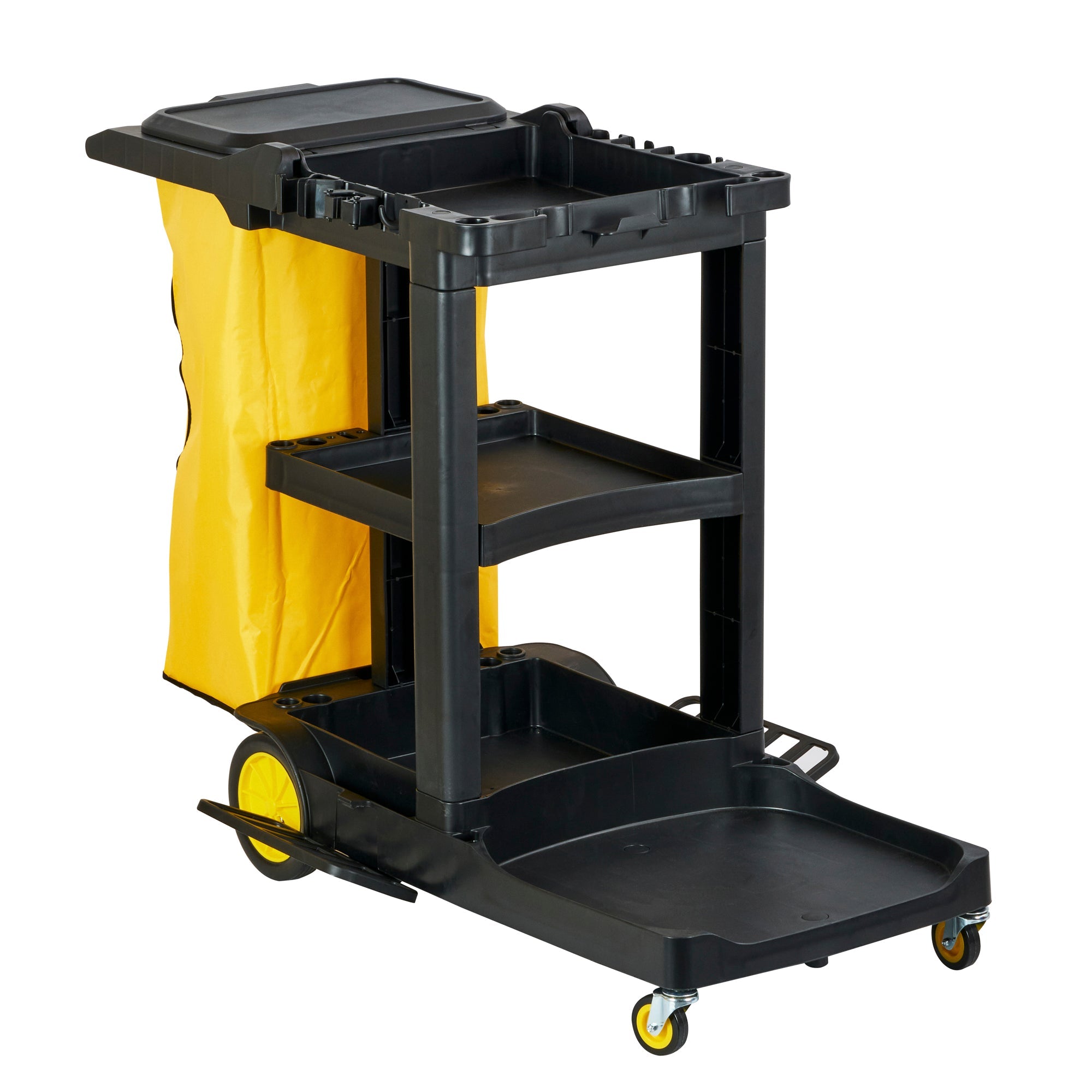 Clean Tek Professional Black Heavy Duty 3-Shelf Janitor Cart - 21 gal Bag, Lid - 52 1/4" x 33 1/2" x 39" - 1 count box