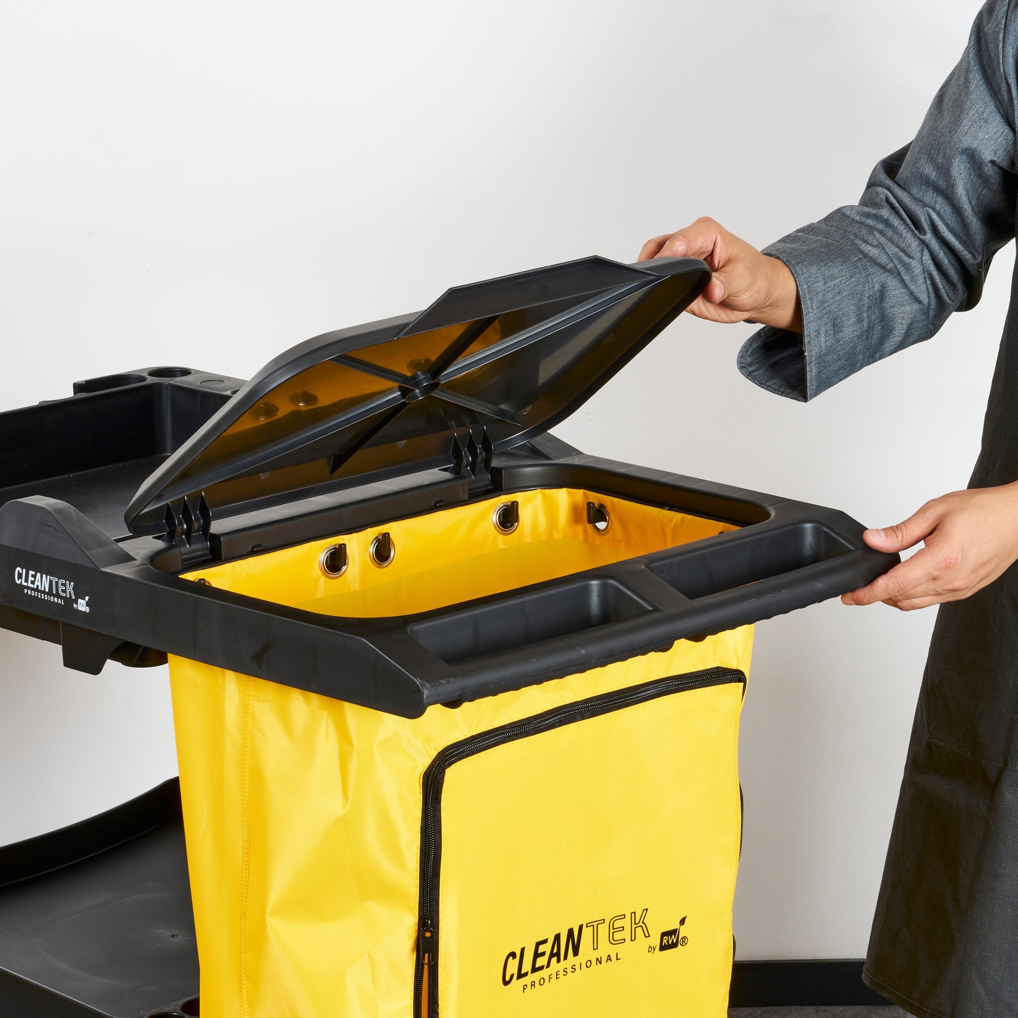 Clean Tek Professional Black Heavy Duty 3-Shelf Janitor Cart - 21 gal Bag, Lid - 52 1/4" x 33 1/2" x 39" - 1 count box